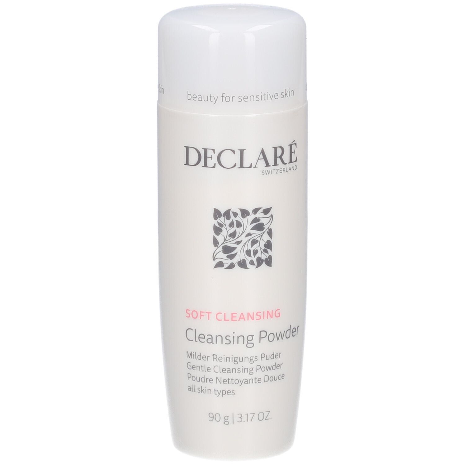 Declare Softcleansing Cleansing Powder. Weiße Flasche mit Deckel. Logo, Produktbezeichnung, 90g.