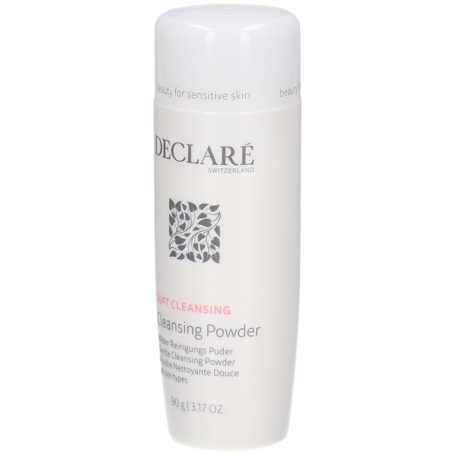 Declare Softcleansing Cleansing Powder. Weiße Flasche mit Deckel. Logo, Produktbezeichnung, 90g.