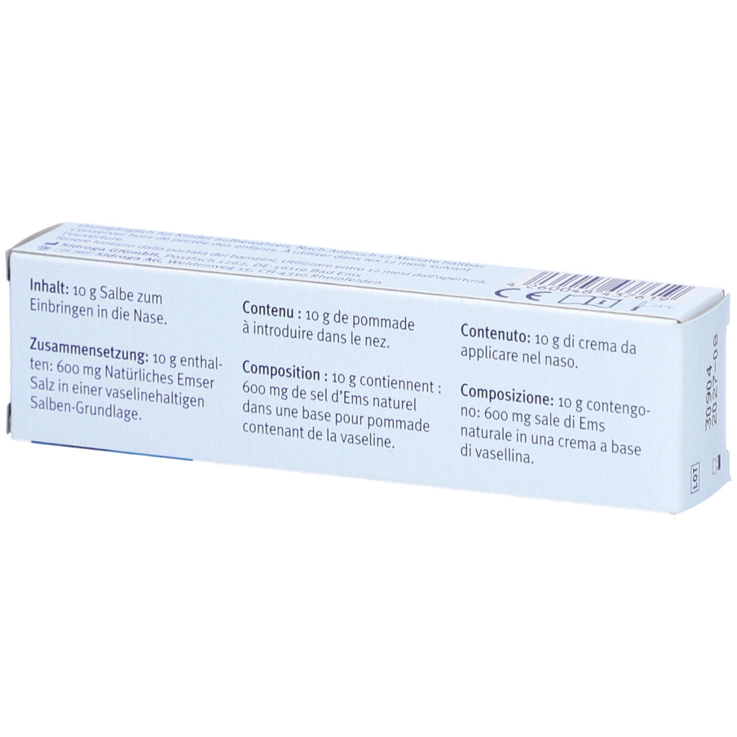 Rückseite der Produktverpackung. Text in Deutsch, Französisch und Italienisch. Inhaltsangabe und Zusammensetzung.