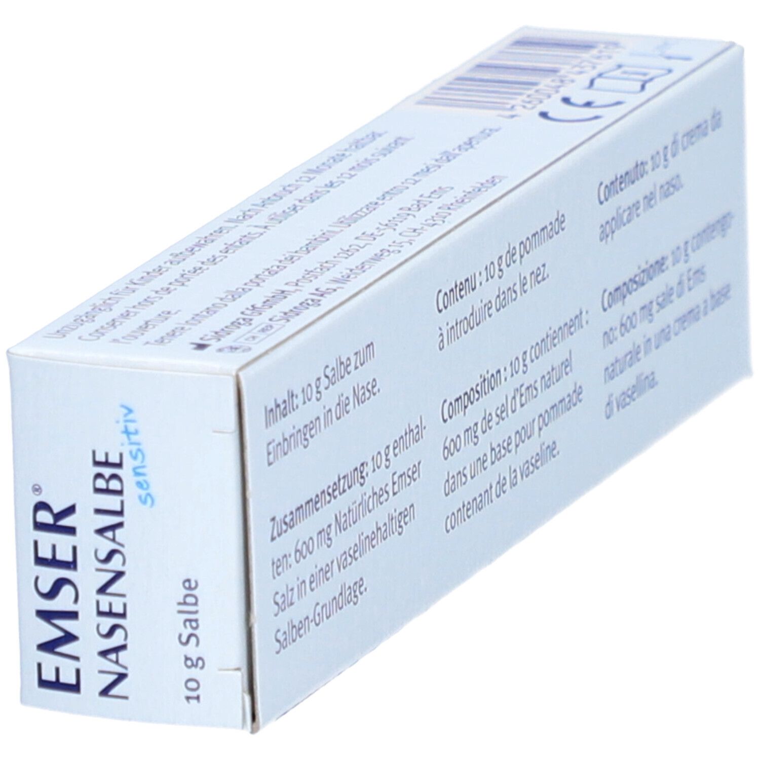 Schräg gestellte Produktverpackung. Rückseite mit Text in Deutsch, Französisch und Italienisch. Inhaltsangabe.