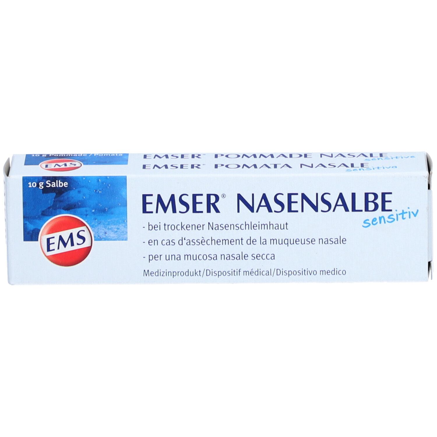 Produktverpackung mit Logo und Produktnamen. Text in Deutsch, Französisch, Italienisch. 10 g Salbe.