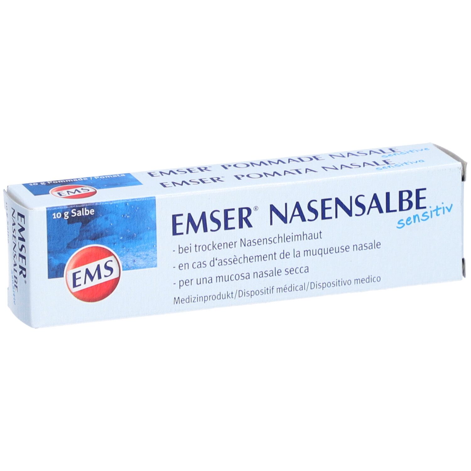 Produktverpackung mit Logo und Produktnamen. Text in Deutsch, Französisch, Italienisch. 10 g Salbe.