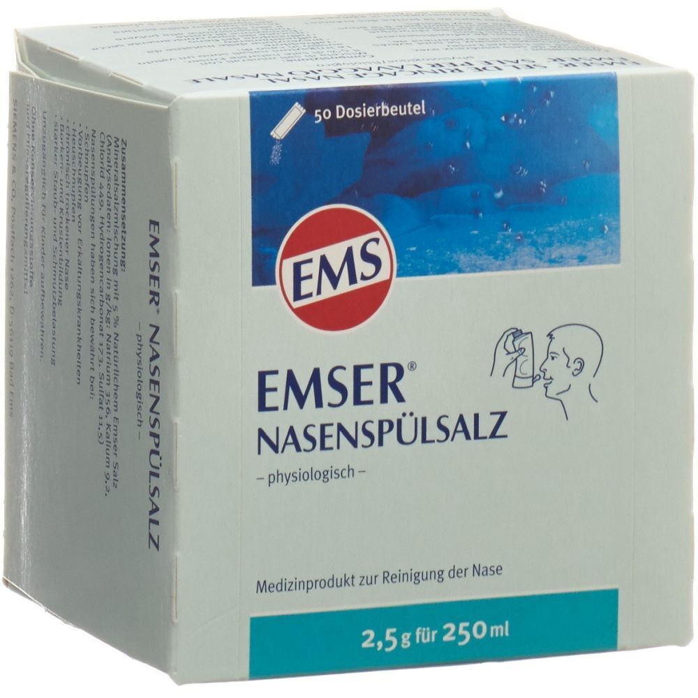 Karton mit EMSER Nasenspülsalz. 50 Beutel. Aufdruck: 2,5 g für 250 ml. Illustration einer Nasenspülung.