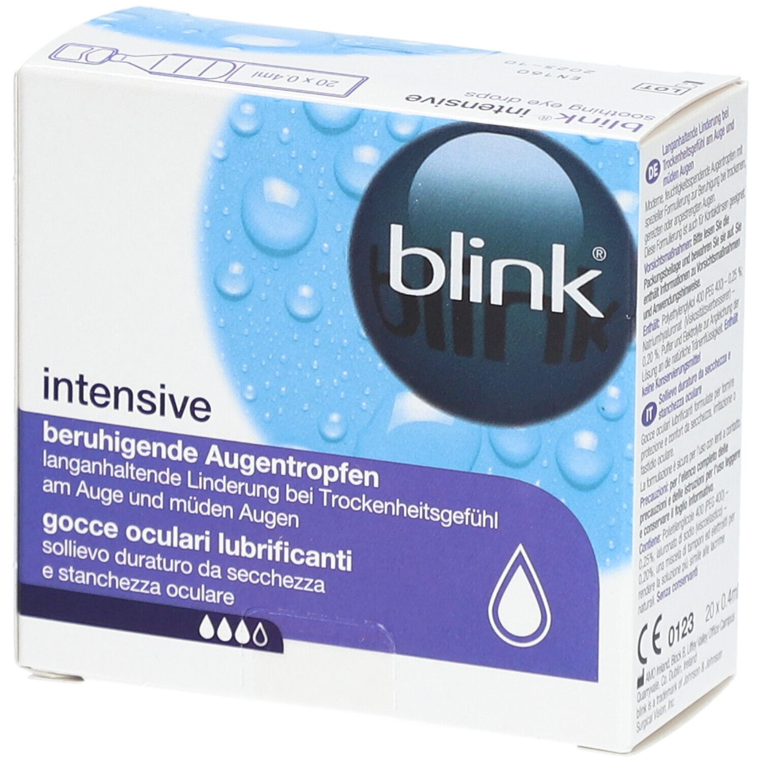 Boîte de gouttes ophtalmiques BLINK® Intensive. Emballage bleu et blanc avec informations et logo.