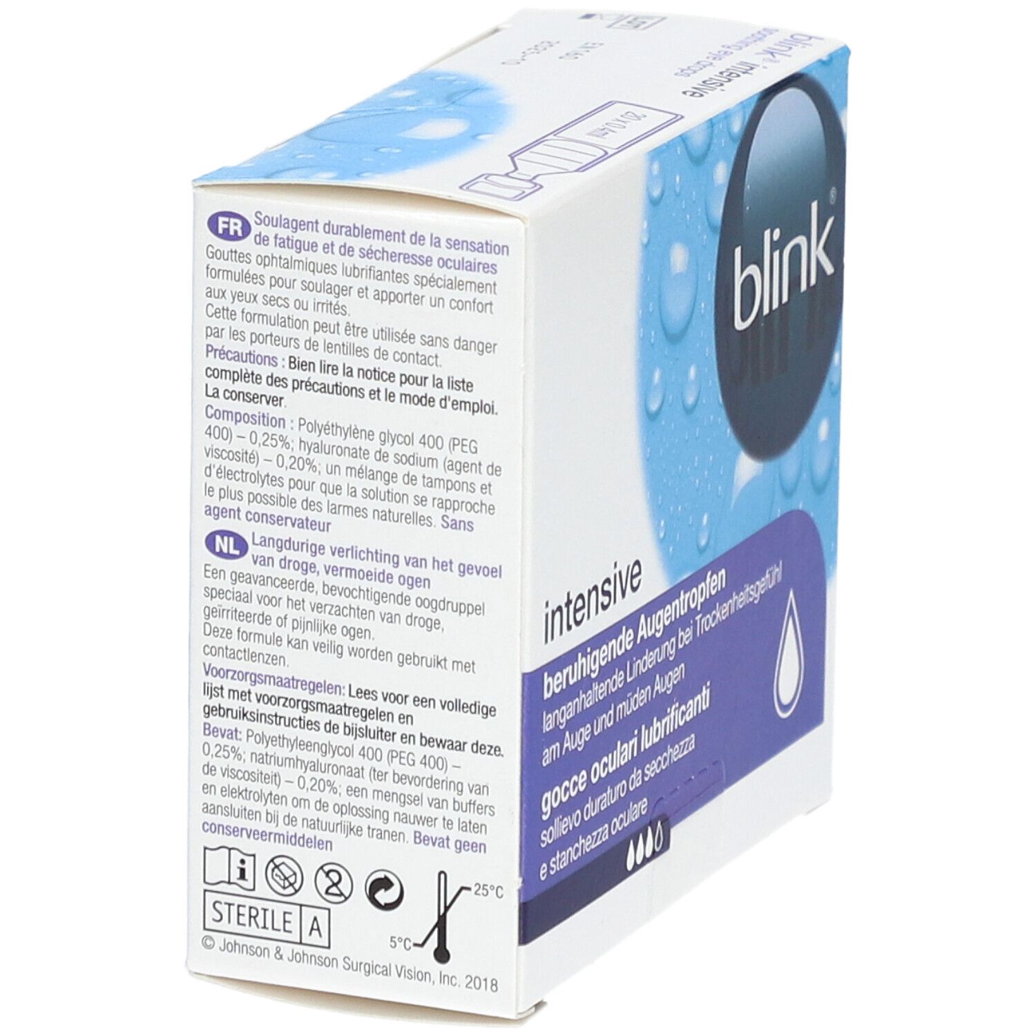 Vue latérale de l'emballage des gouttes BLINK® Intensive. Texte multilingue, logo et informations.