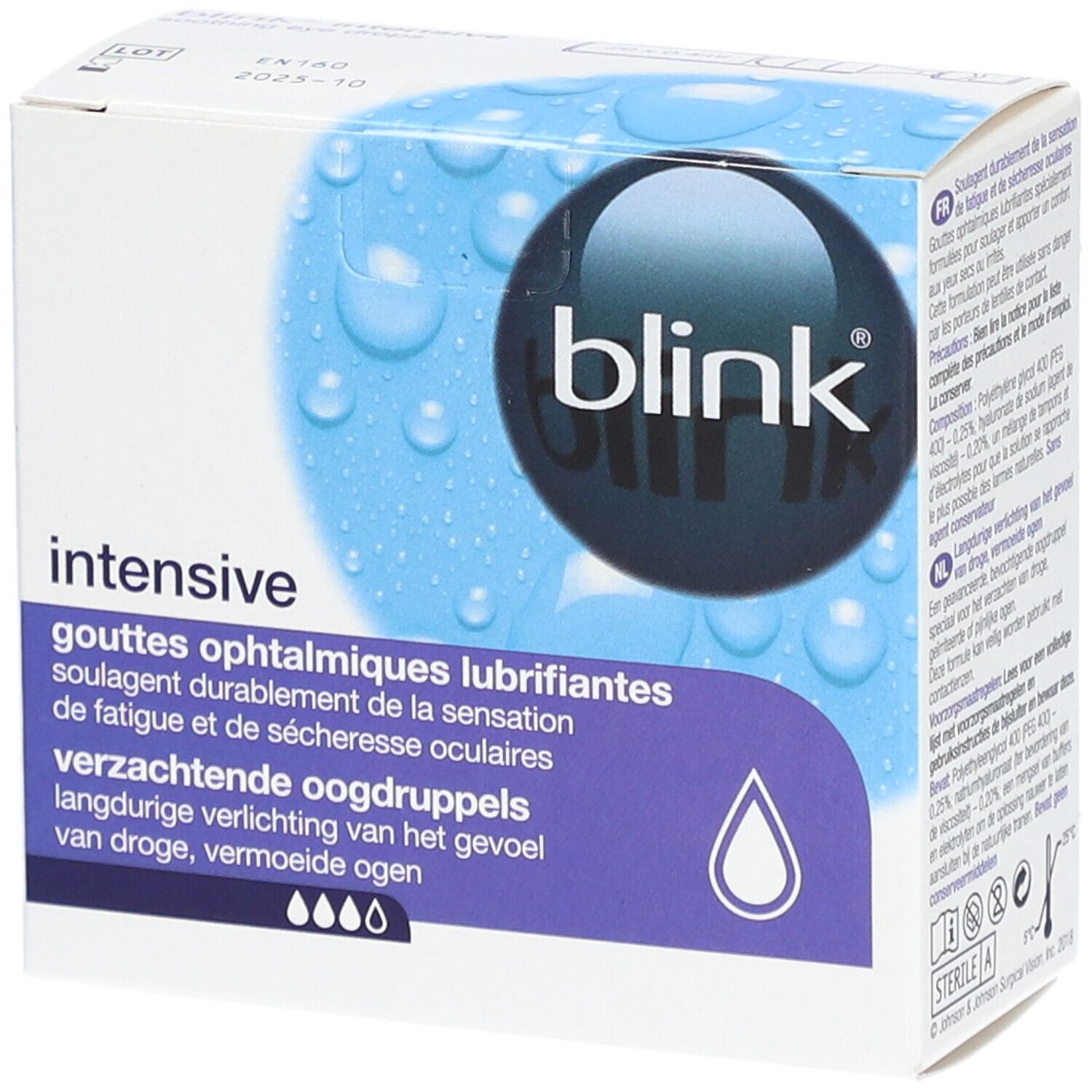 Boîte de gouttes ophtalmiques BLINK® Intensive. Emballage bleu et blanc avec informations et logo.