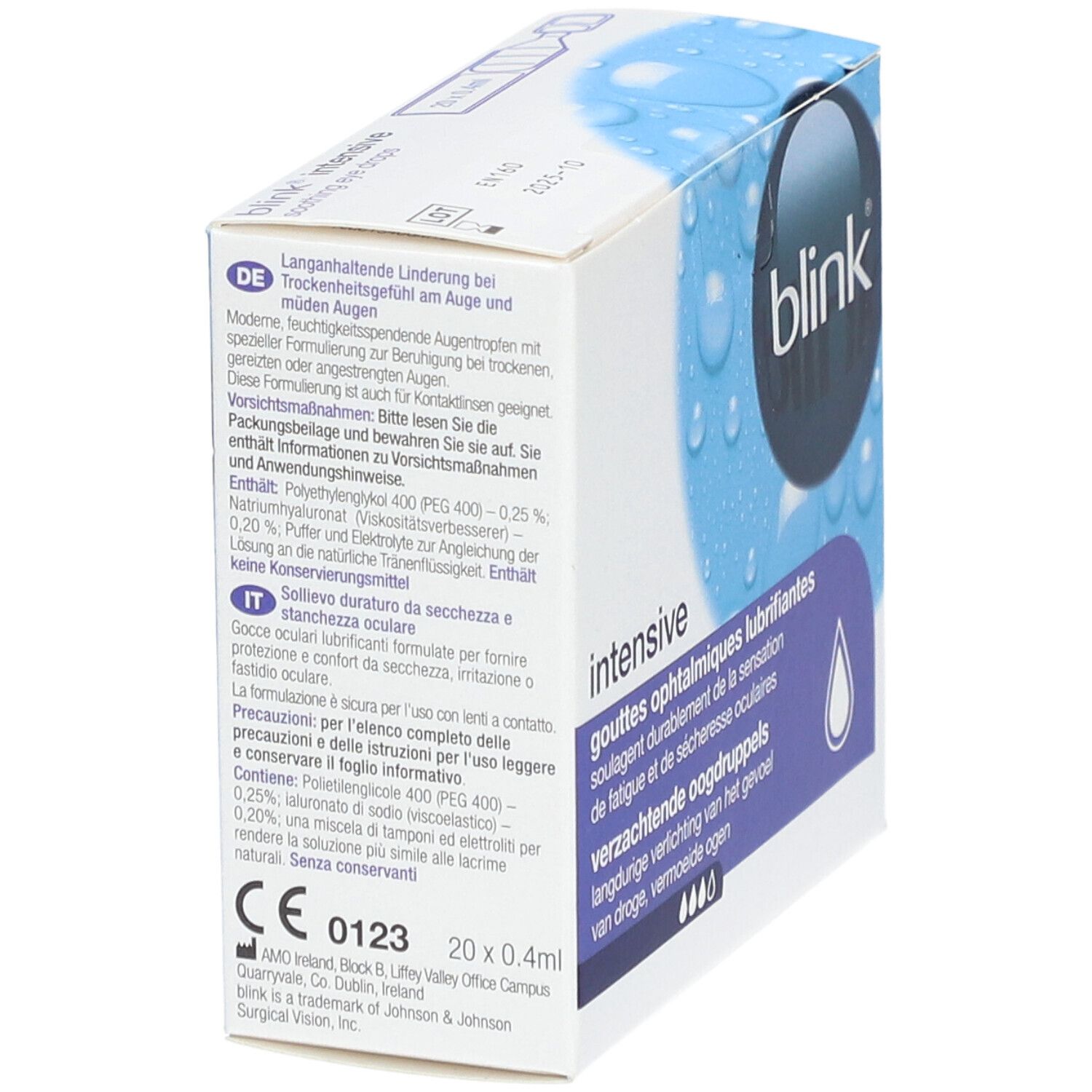 Boîte de gouttes ophtalmiques BLINK® Intensive. Emballage bleu et blanc avec informations et logo.