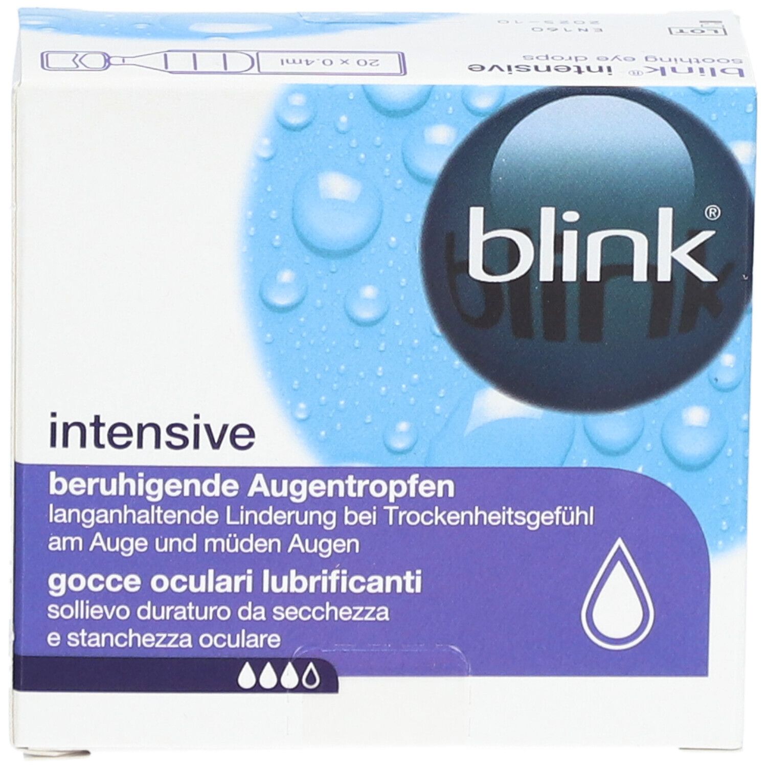 Boîte de gouttes ophtalmiques BLINK® Intensive. Emballage bleu et blanc avec informations et logo.
