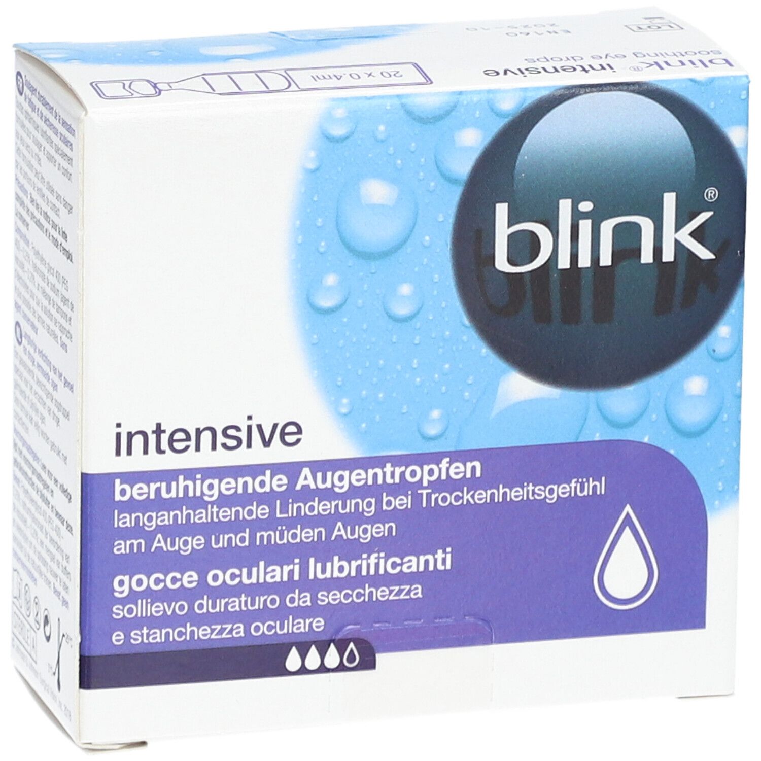 Boîte de gouttes ophtalmiques BLINK® Intensive. Emballage bleu et blanc avec informations et logo.