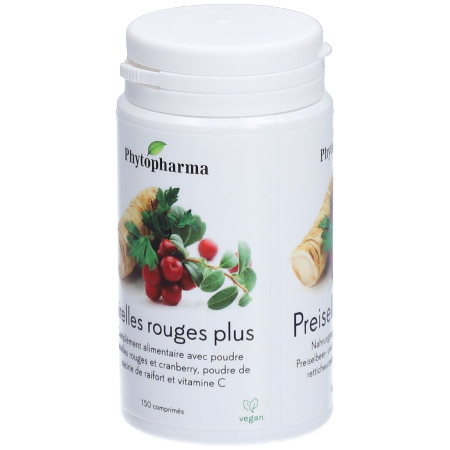 Weiße Flasche "Phytopharma Preiselbeer Plus". Abbildung von Kren, Preiselbeeren und Blättern. 150 Tabletten. Vegan.