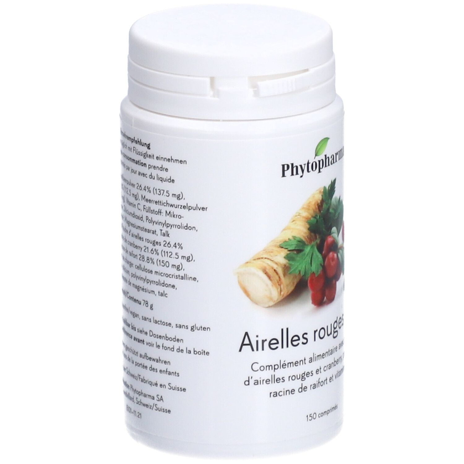 Weiße Flasche "Phytopharma Airelles rouges plus". Zutatenliste und Verzehrempfehlung. 150 Tabletten. Vegan.