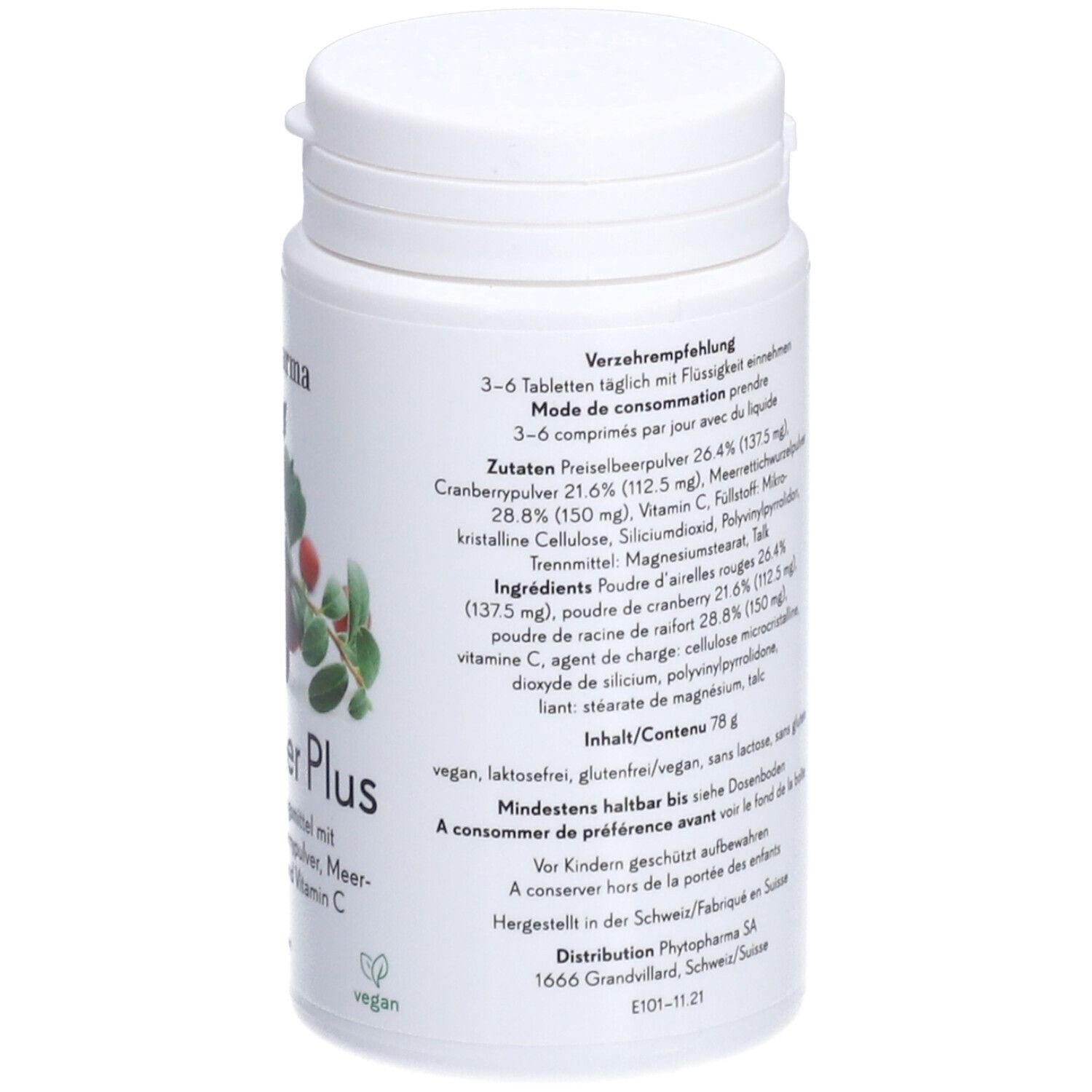 Rückseite der weißen Flasche "Phytopharma Preiselbeer Plus". Zutatenliste und Verzehrempfehlung. Vegan.