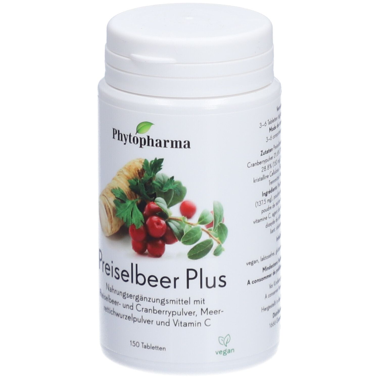 Weiße Flasche "Phytopharma Preiselbeer Plus". Abbildung von Kren, Preiselbeeren und Blättern. 150 Tabletten. Vegan.