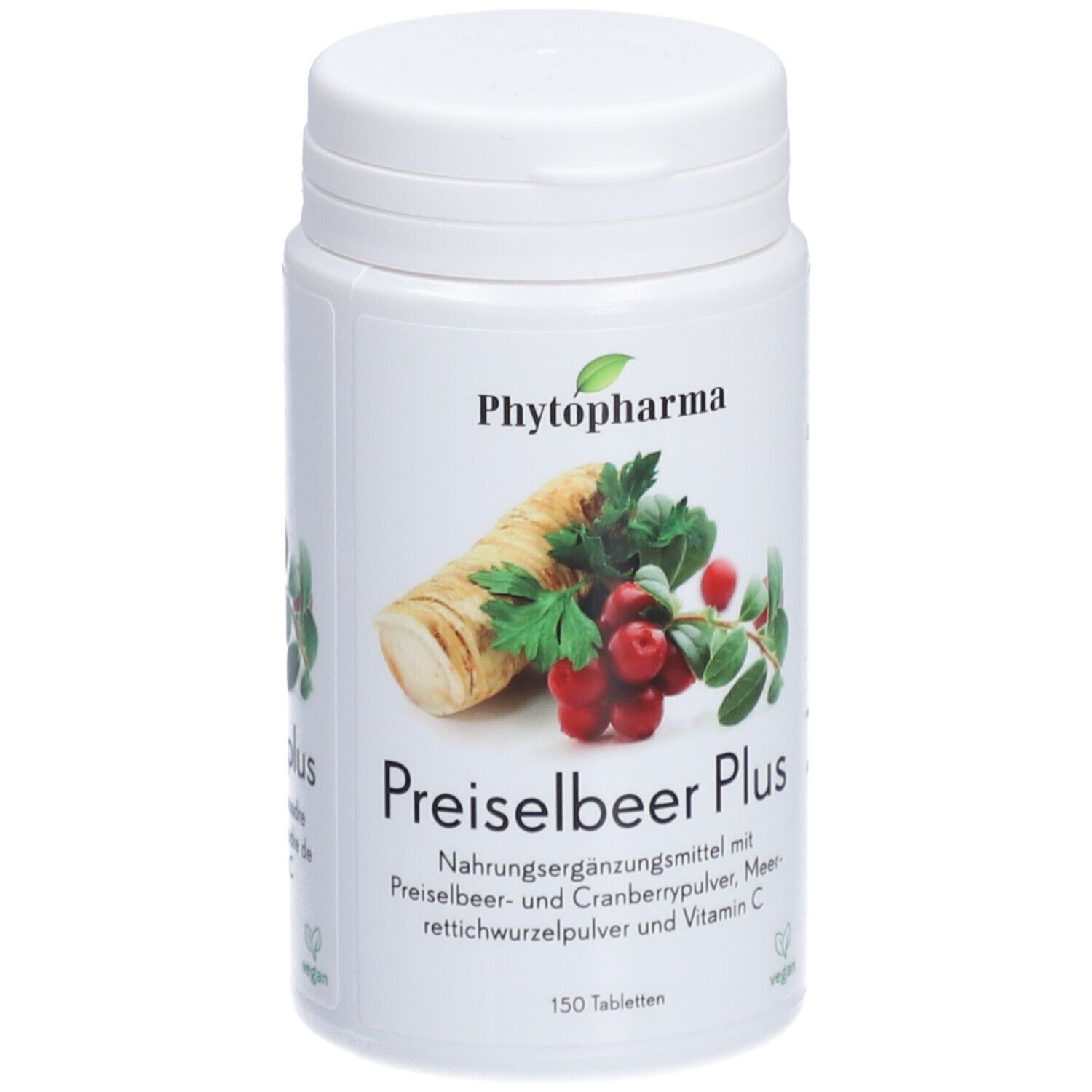 Weiße Flasche "Phytopharma Preiselbeer Plus". Abbildung von Kren, Preiselbeeren und Blättern. 150 Tabletten. Vegan.