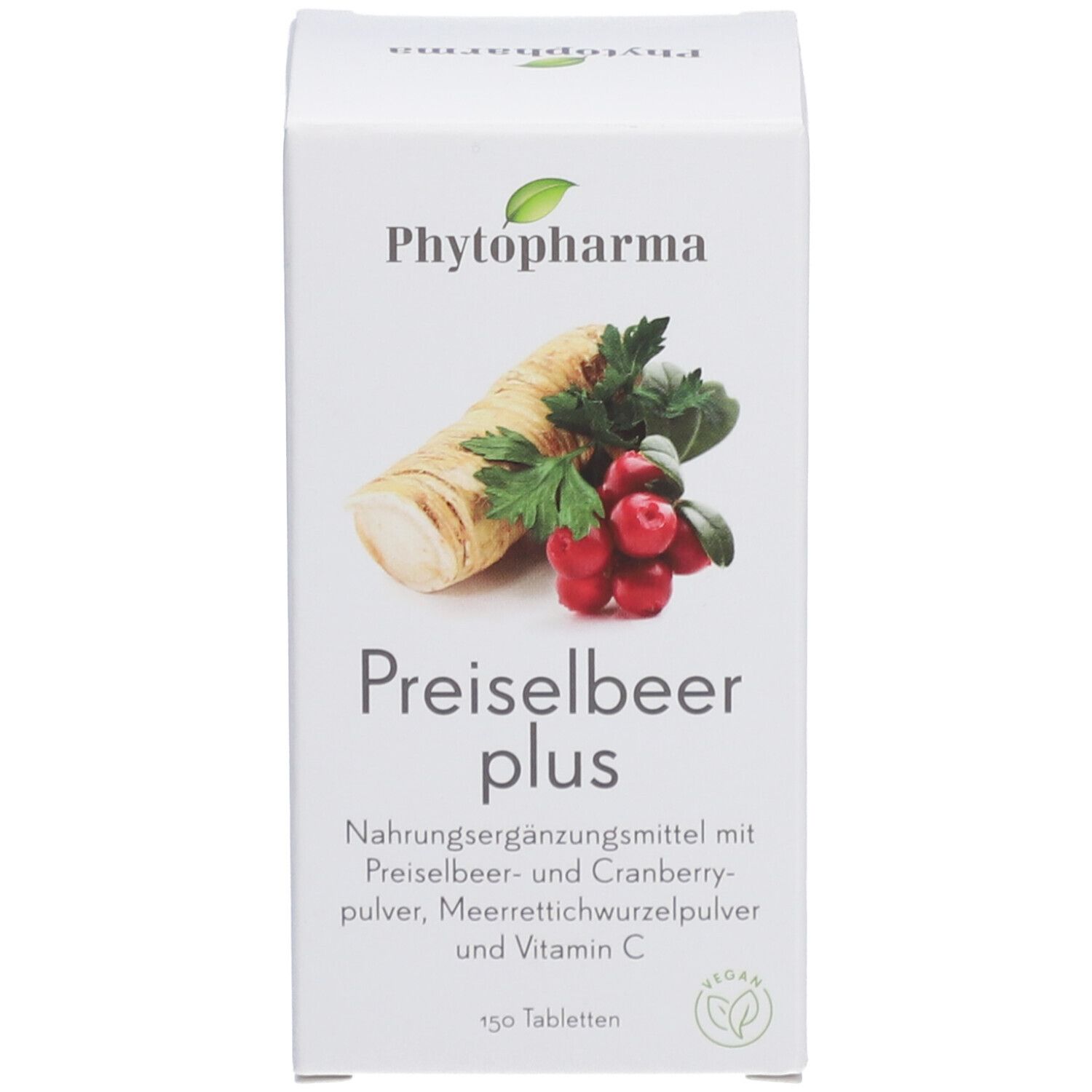 Schachtel "Phytopharma Preiselbeer Plus". Abbildung von Kren, Preiselbeeren und Blättern. 150 Tabletten. Vegan.