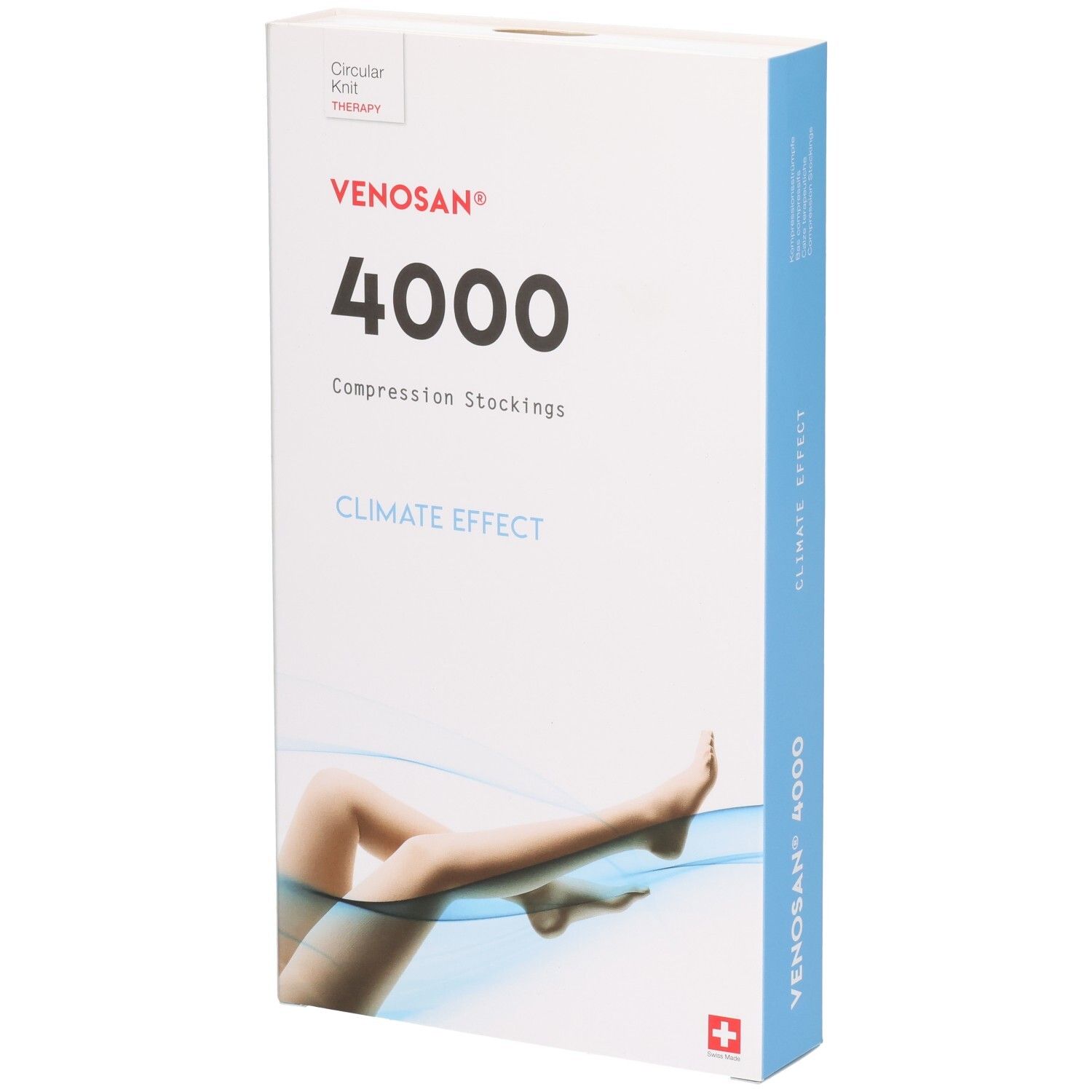 VENOSAN 4000 Kompressionsstrümpfe, Climate Effect, weiße Verpackung mit Beinabbildung.