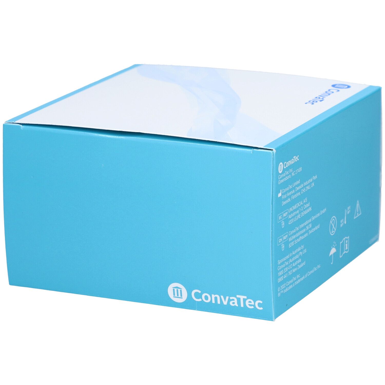 Boîte de produit bleu et blanc. Fabricant : ConvaTec. Impression avec coordonnées et symboles. Marquage CE.