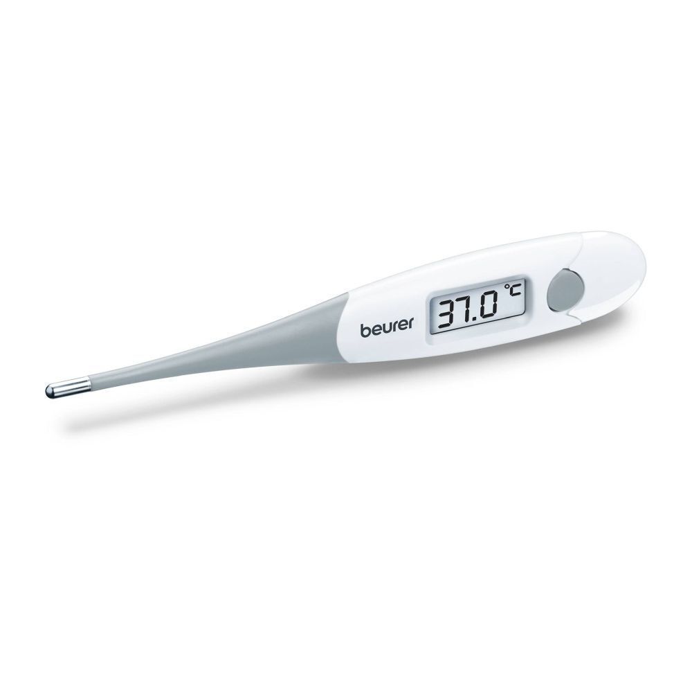 Digitales Fieberthermometer mit Display. Zeigt 37,0°C an. Weiß-graues Design. Beurer-Logo.