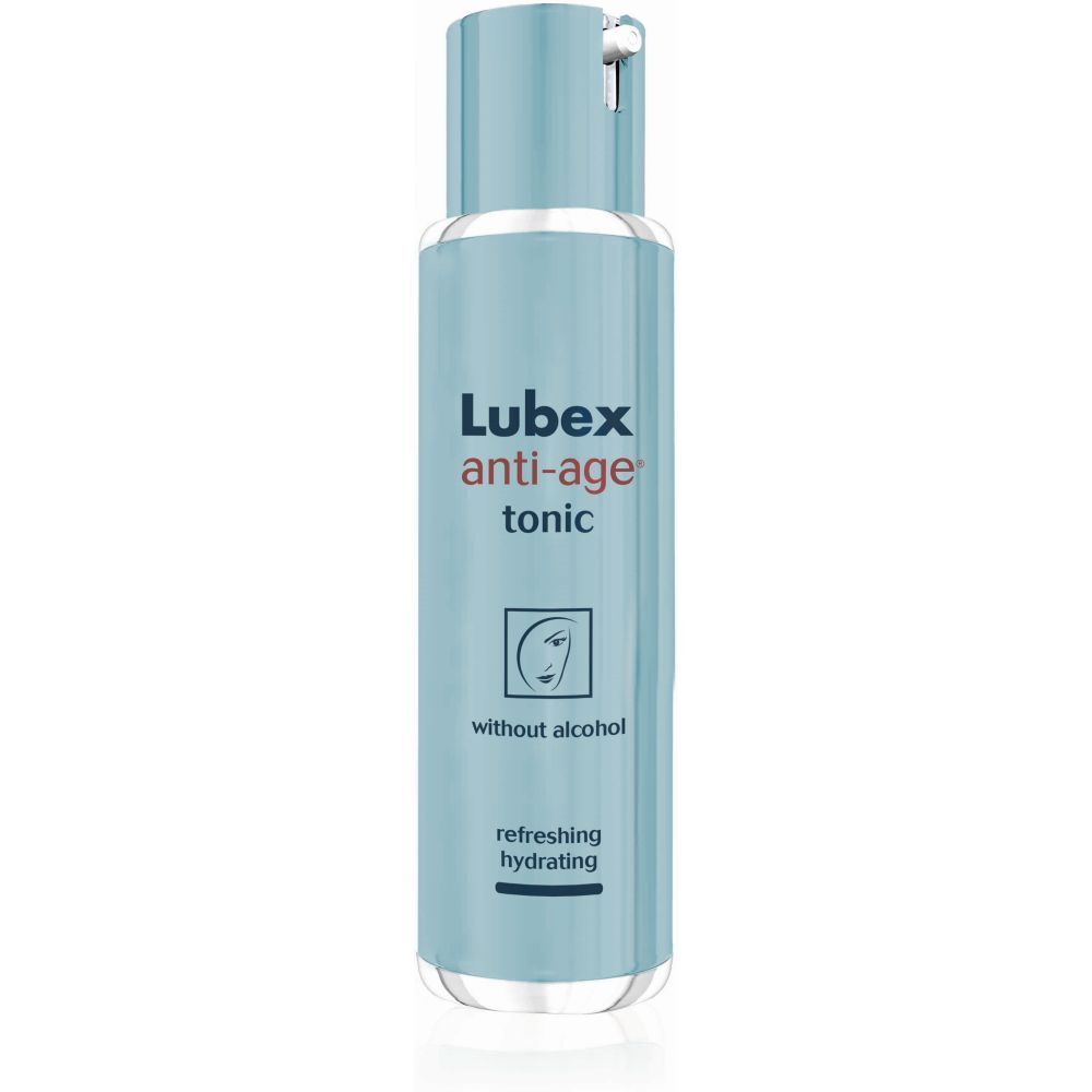 Hellblaue Flasche mit silberfarbenem Verschluss. Aufschrift: Lubex anti-age tonic, ohne Alkohol, erfrischend, hydratisierend.