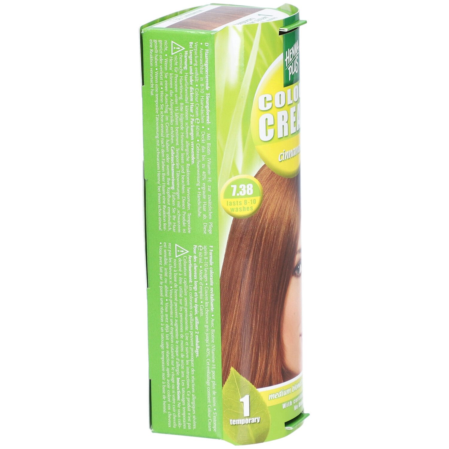 Emballage de Henna Plus Colour Cream 7.38 zimt. Côté avec texte et numéro de couleur 7.38. Emballage vert et blanc.