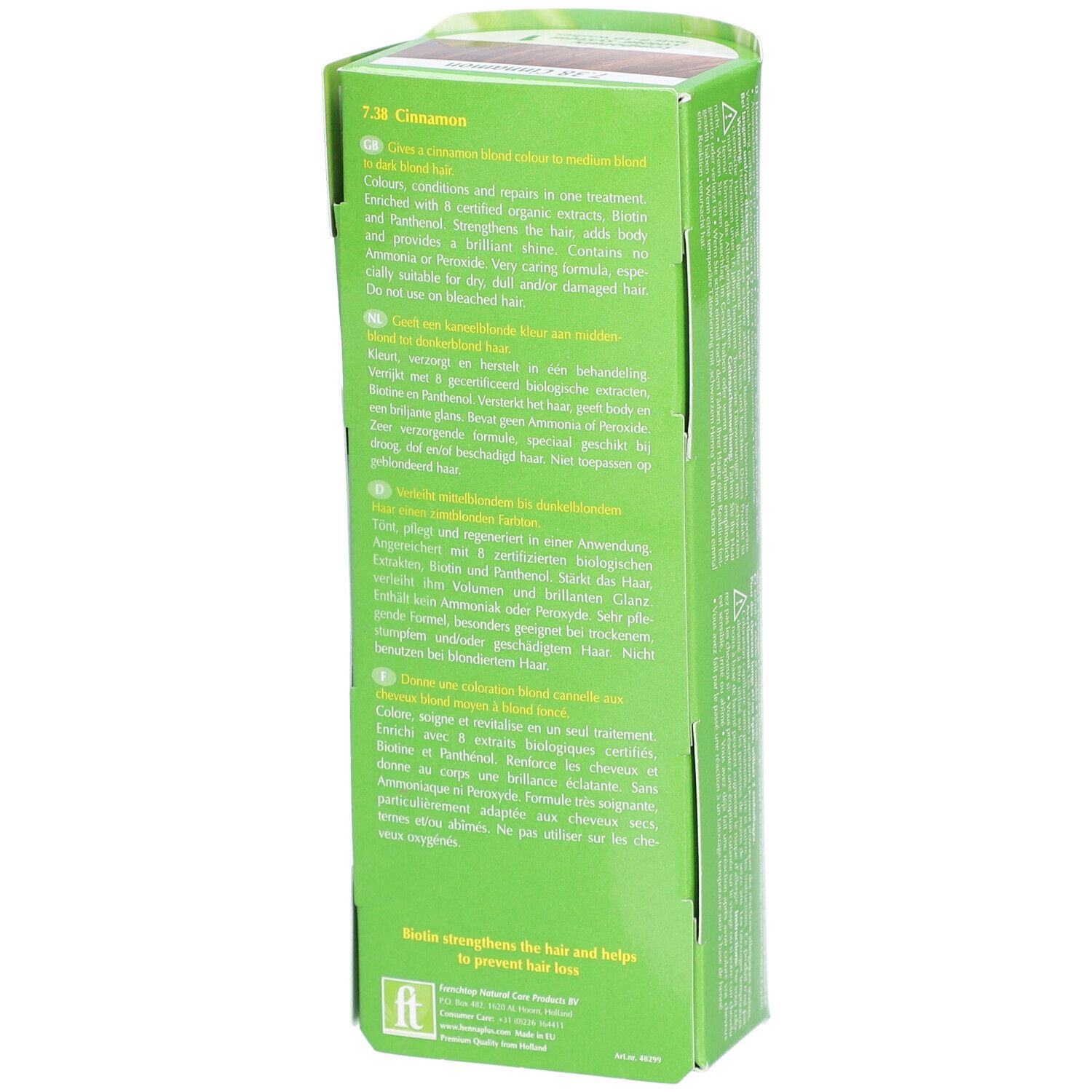 Emballage de Henna Plus Colour Cream 7.38 zimt. Texte en plusieurs langues. Emballage vert et blanc.