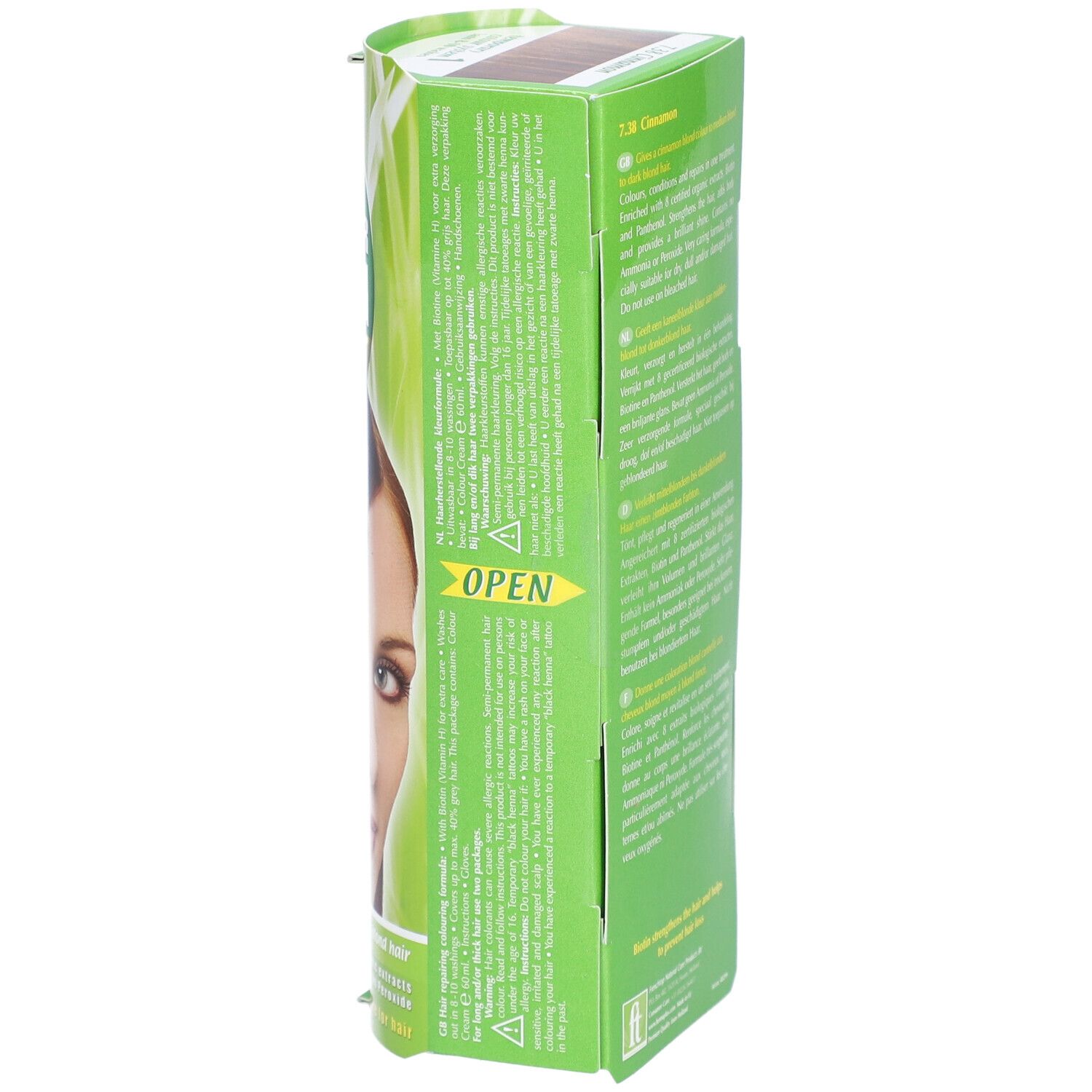 Emballage de Henna Plus Colour Cream 7.38 zimt. Côté avec texte et flèche. Emballage vert et blanc.