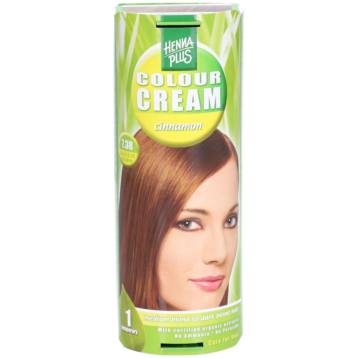 Emballage cylindrique de Henna Plus Colour Cream 7.38 zimt. Femme aux cheveux bruns. Inscription : Colour Cream, Zimt.