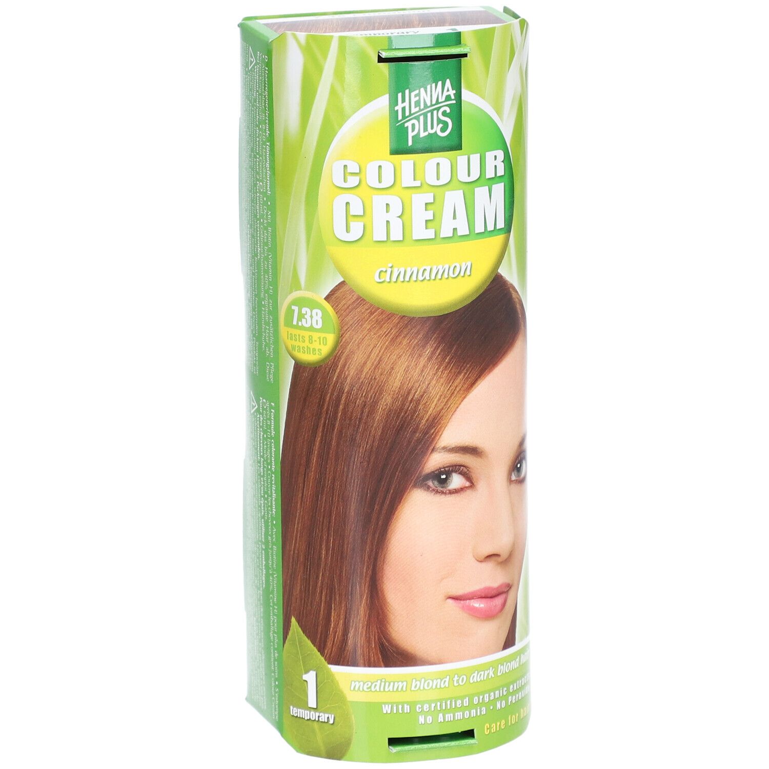 Emballage de Henna Plus Colour Cream 7.38 zimt. Femme aux cheveux bruns. Inscription : Colour Cream, Zimt, 7.38.