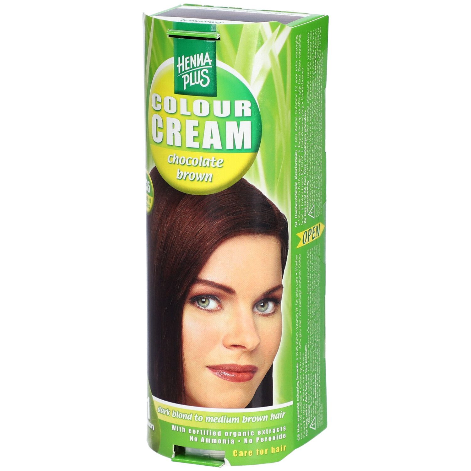 Verpackung von Henna Plus Colour Cream 5.35 Schokolade braun. Aufdruck: Colour Cream, Schokolade braun. Abbildung einer Frau.