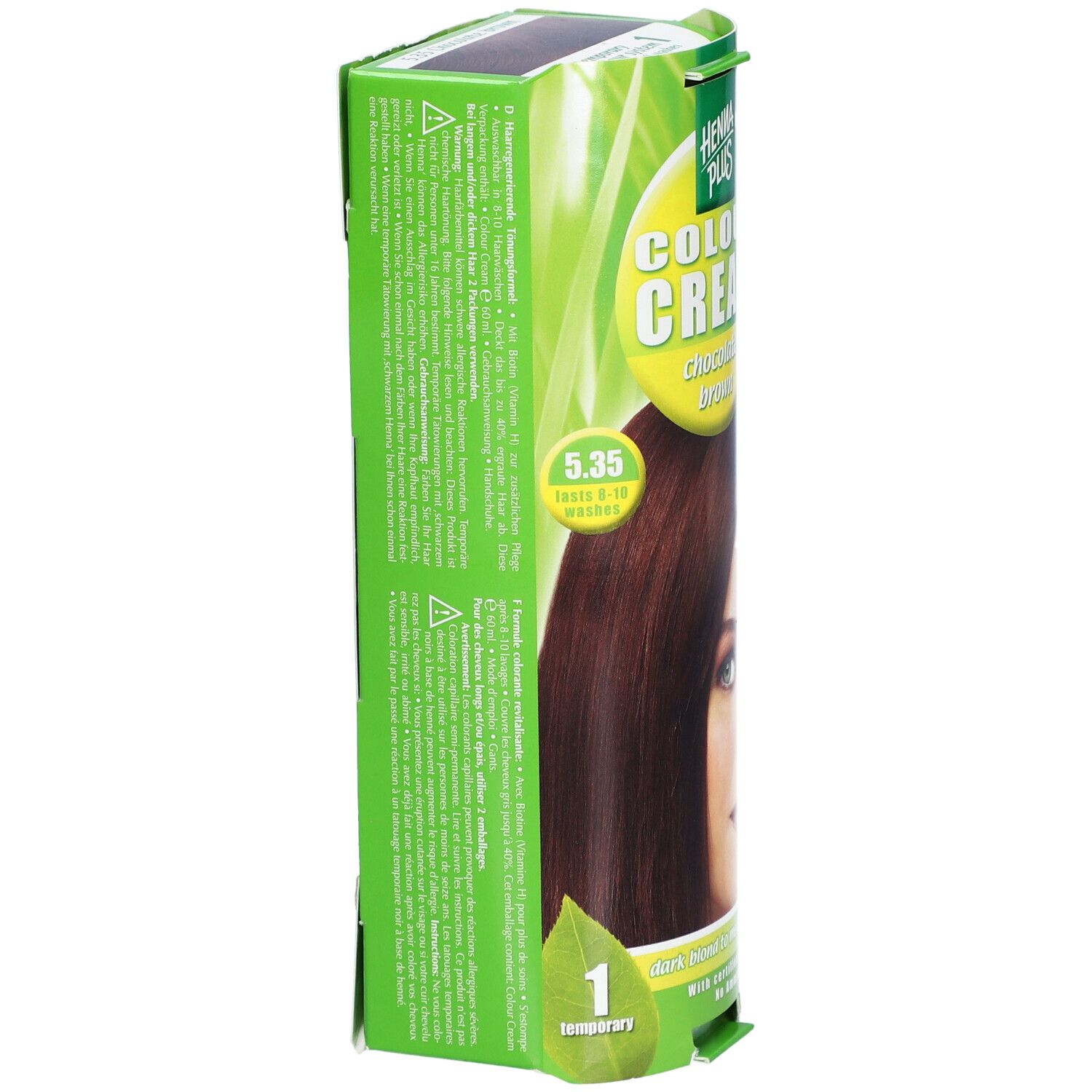 Grüne Verpackung von Henna Plus Colour Cream. Auf der Seite Text und die Farbnummer 5.35.  '1 temporary' und ein Blatt.