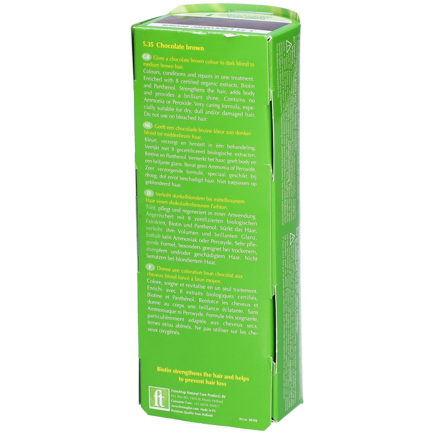 Grüne Verpackung von Henna Plus Colour Cream. Text über die Eigenschaften des Produkts. Farbnummer 5.35.  'Biotin stärkt das Haar'.