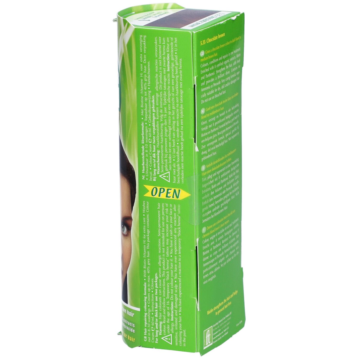 Grüne Verpackung von Henna Plus Colour Cream. Auf der Seite Text und die Farbnummer 5.35.  '1 temporary' und ein Blatt. 'OPEN'.