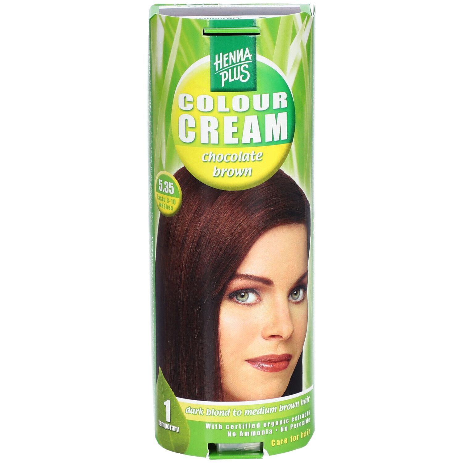 Zylindrische Verpackung von Henna Plus Colour Cream. Aufdruck: Colour Cream, Schokolade braun. Abbildung einer Frau. Farbnummer 5.35.