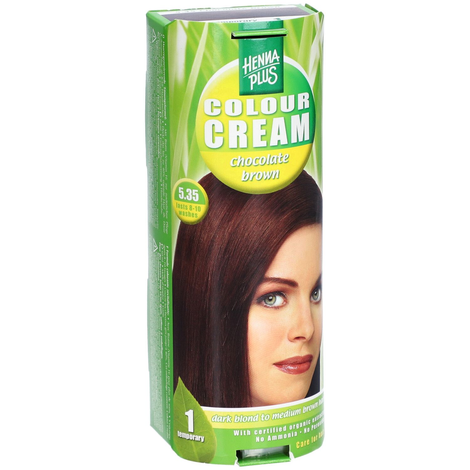 Verpackung von Henna Plus Colour Cream. Aufdruck: Colour Cream, Schokolade braun. Abbildung einer Frau. Farbnummer 5.35. '1 temporary'.