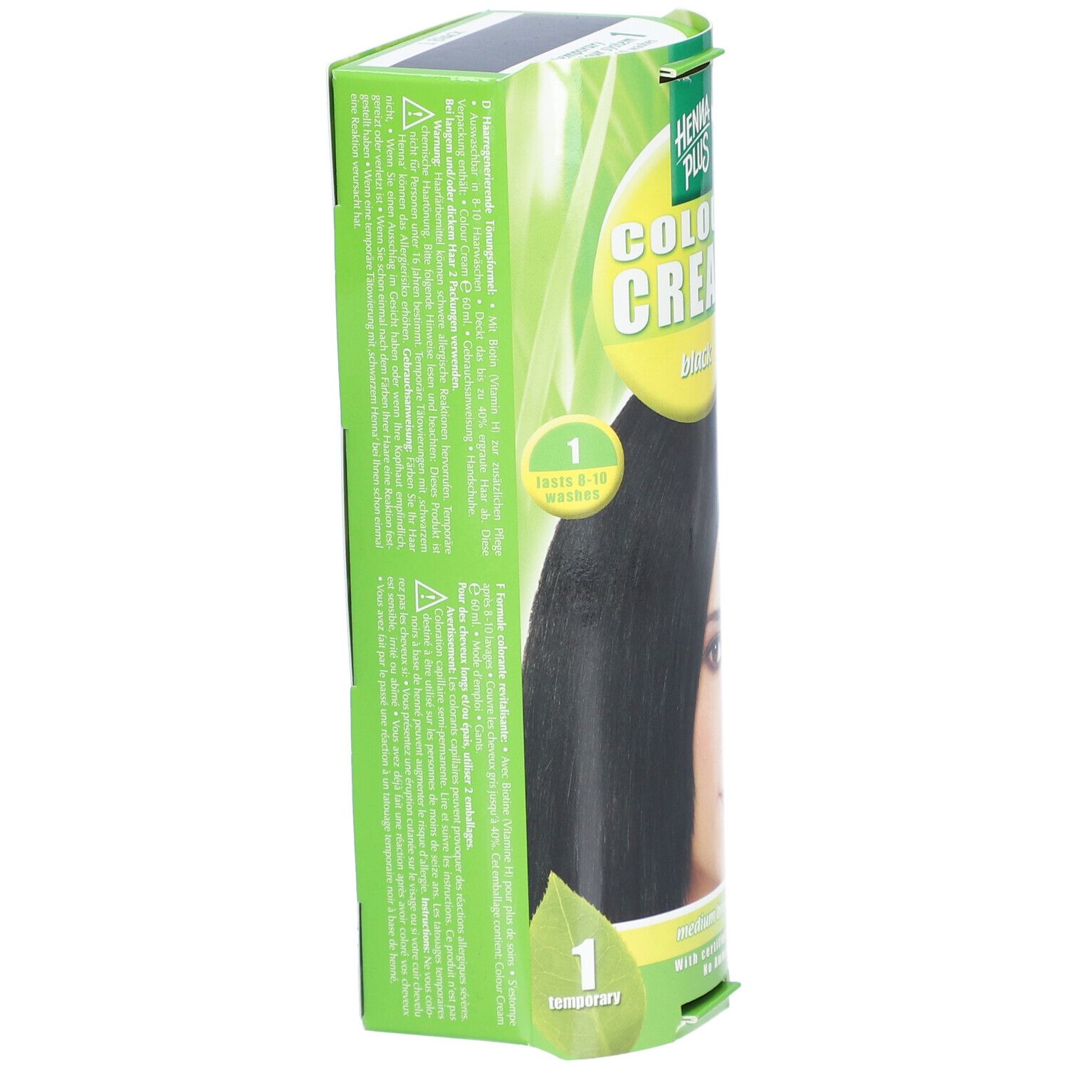 Côté de l'emballage Henna Plus Colour Cream. Vert avec texte. Cheveux noirs représentés. Cercle jaune avec 1.