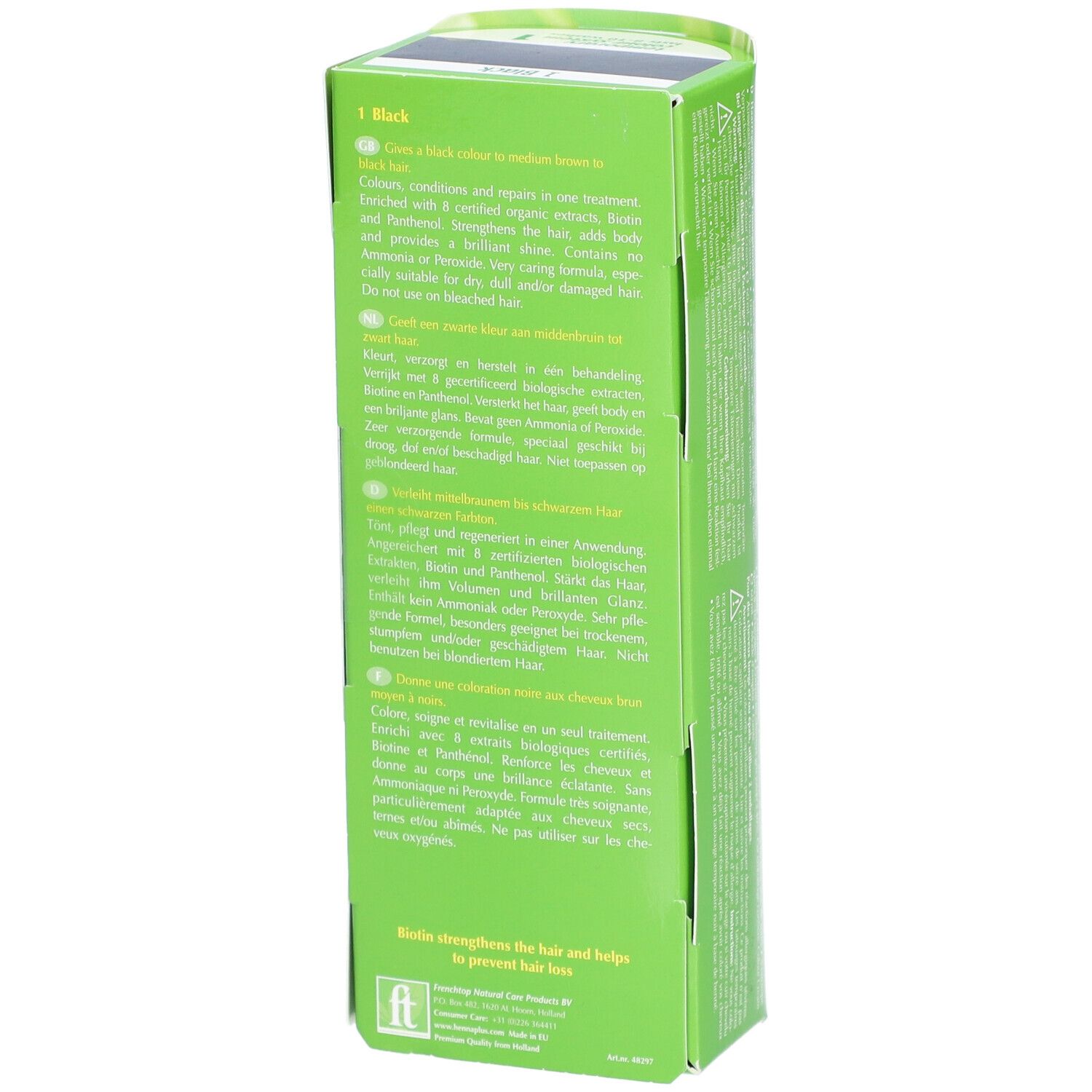 Dos de l'emballage Henna Plus Colour Cream. Vert avec texte. Cheveux noirs représentés. Cercle jaune avec 1.