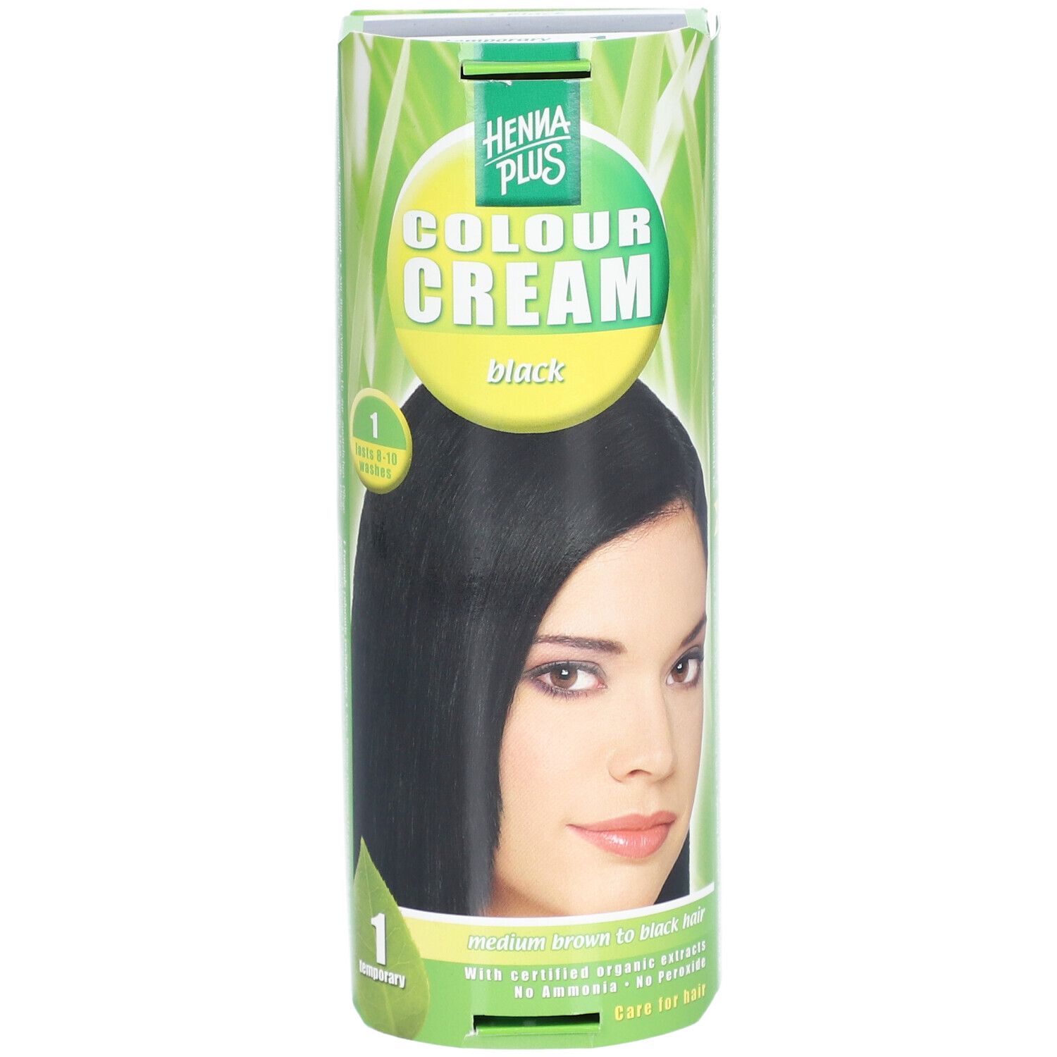 Face avant de l'emballage Henna Plus Colour Cream. Femme aux cheveux noirs représentée. Emballage vert et jaune.