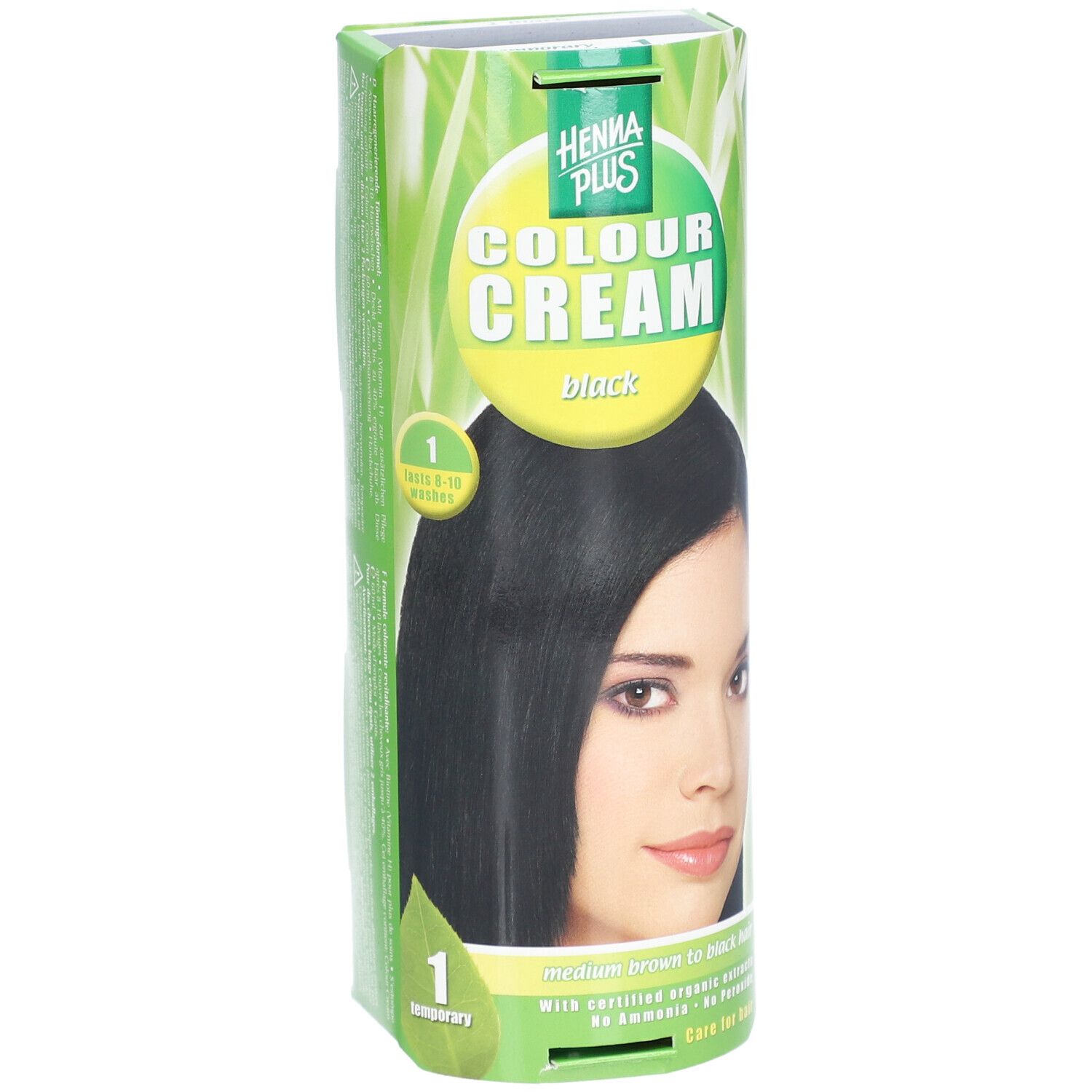 Face avant de l'emballage Henna Plus Colour Cream. Femme aux cheveux noirs représentée. Emballage vert et jaune.