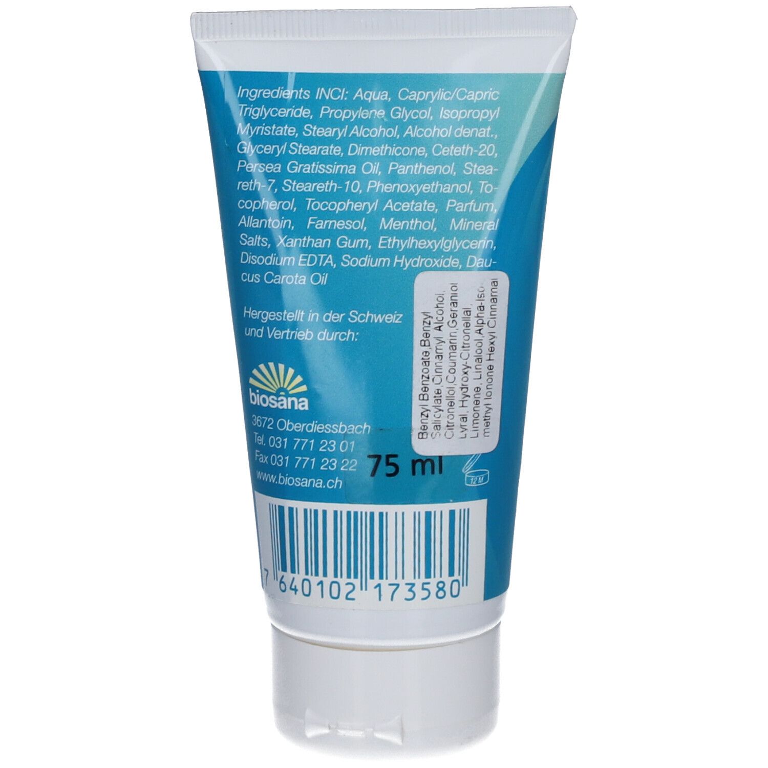 Rückseite der Tube. Enthält Inhaltsstoffe und Herstellerinformationen. Aufschrift: 75 ml.