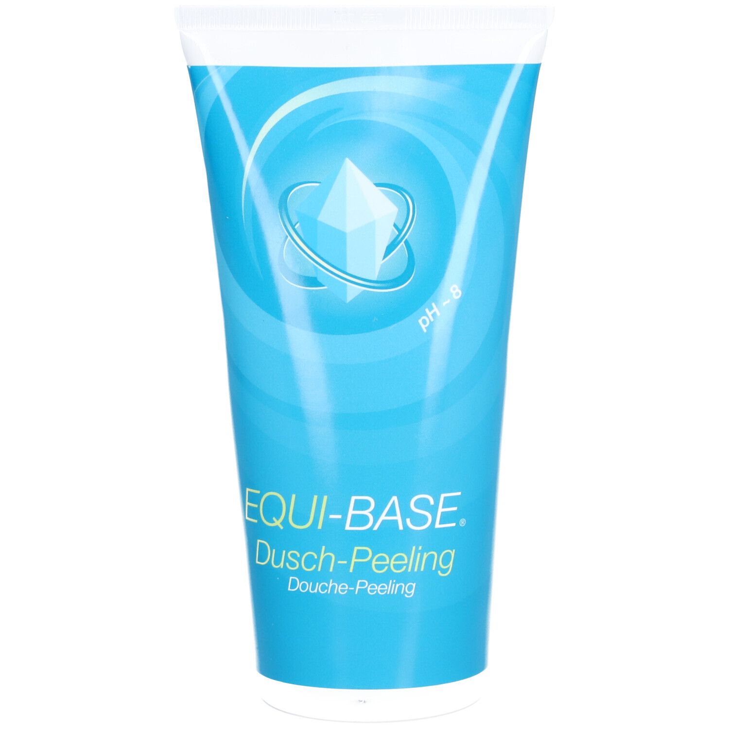 Blau-weiße Tube. "EQUI-BASE. Dusch-Peeling"-Schriftzug. pH-8-Kennzeichnung. Produktabbildung.