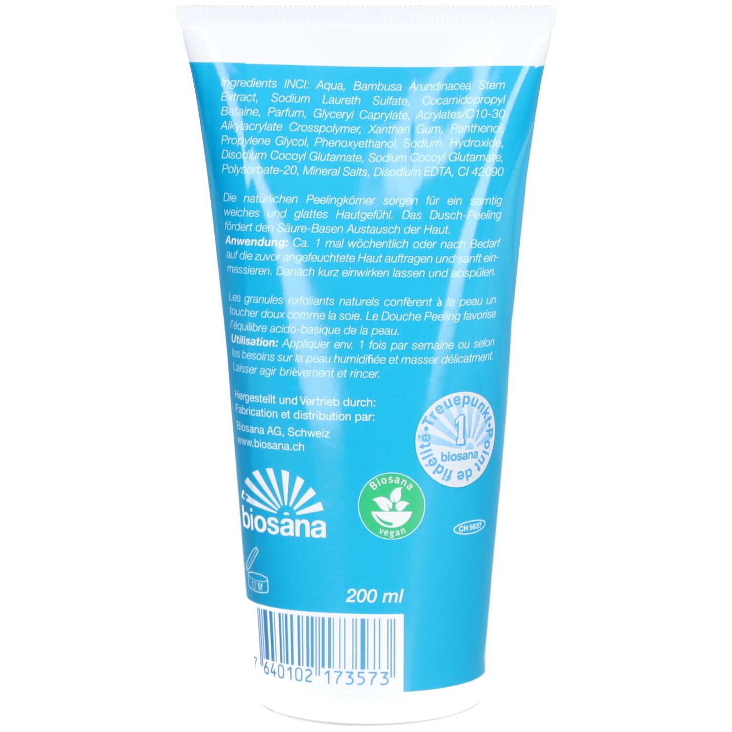 Rückseite der Tube. Inhaltsstoffe und Anwendungshinweise. Biosana-Logo. Vegan-Siegel. 200 ml.
