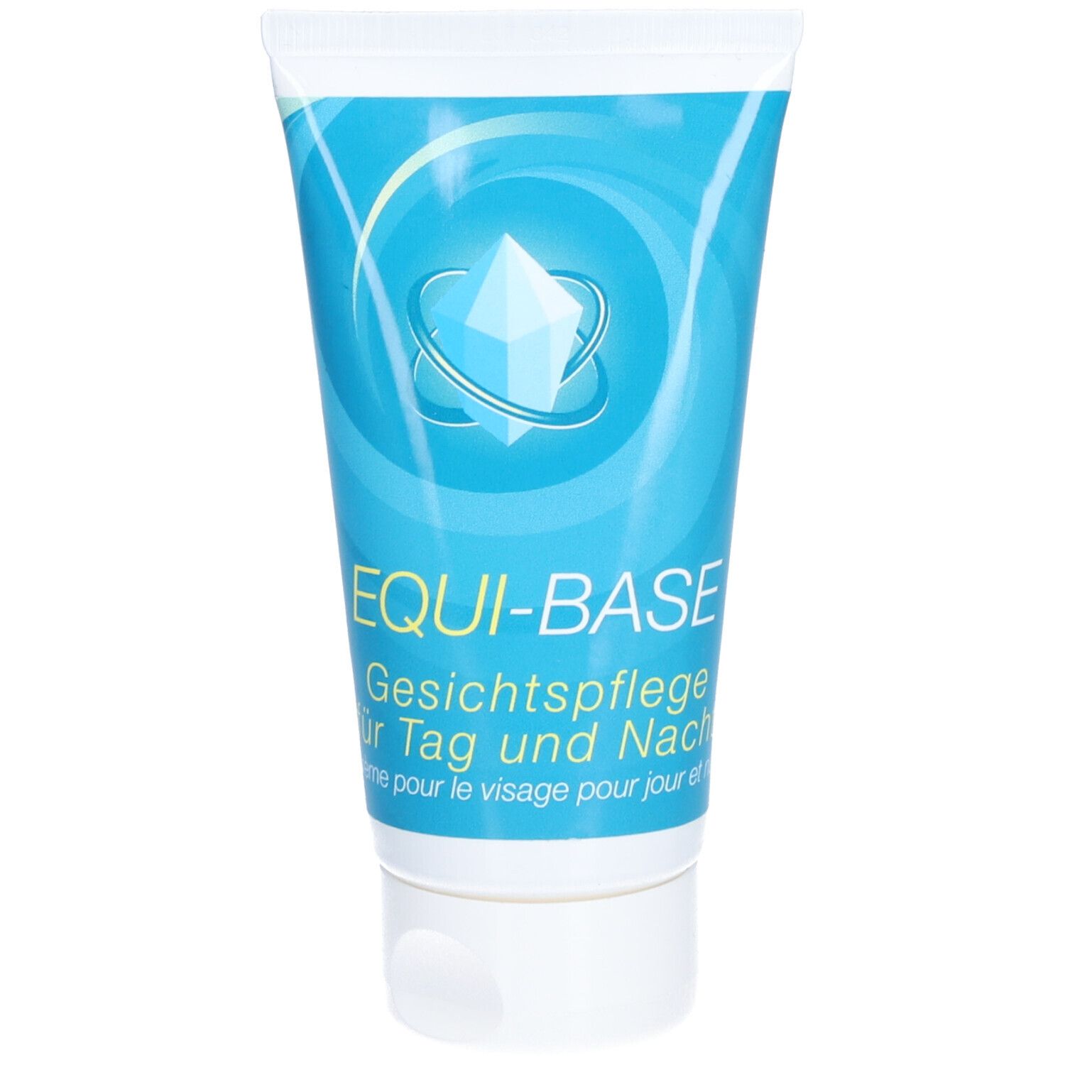 Tube mit blau-weißem Design. Aufschrift EQUI-BASE Gesichtspflege. Logo mit Kristall. Text für Tag und Nacht.