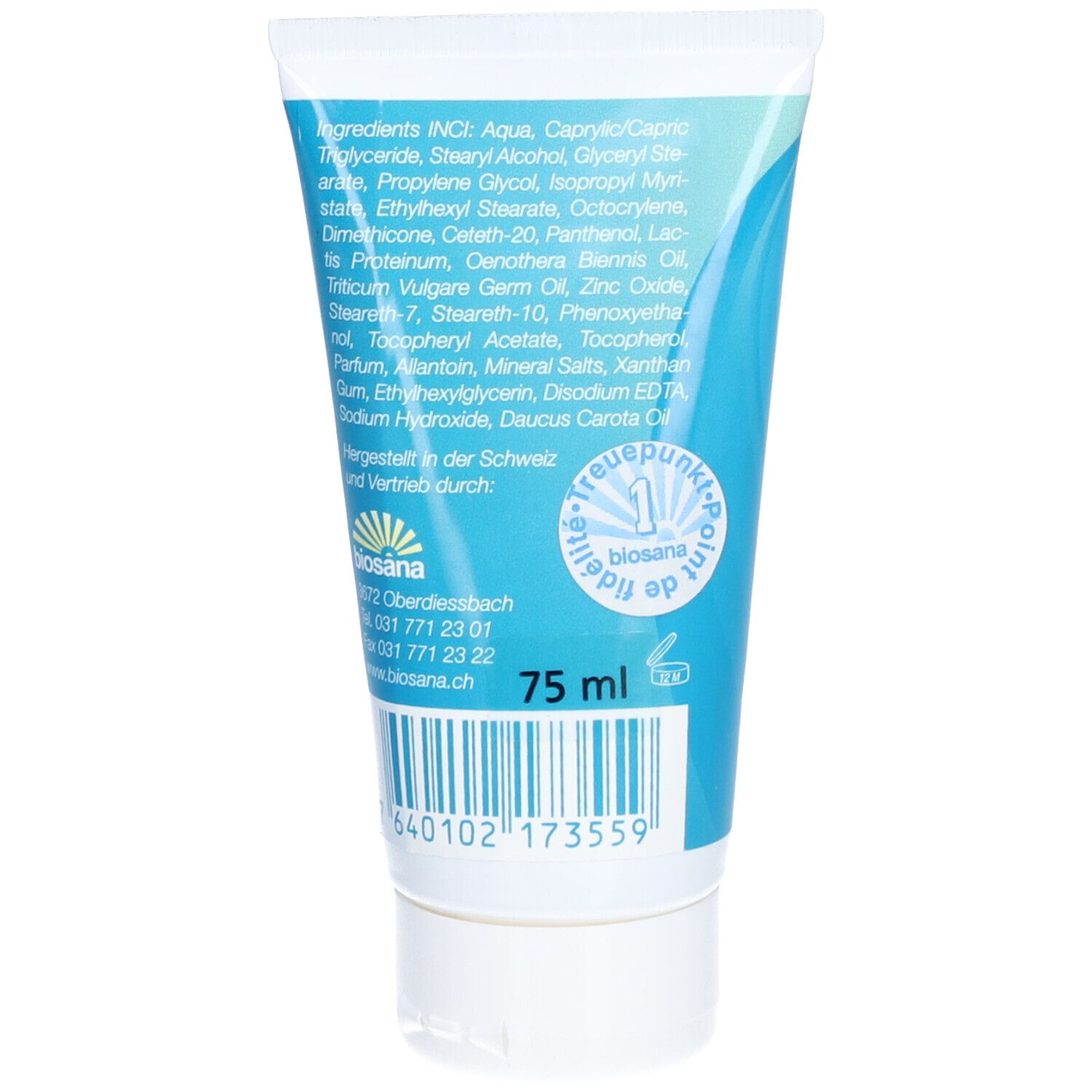 Rückseite der Tube. Inhaltsstoffe und Herstellerinformationen. Logo. Volumen: 75 ml. Barcode.