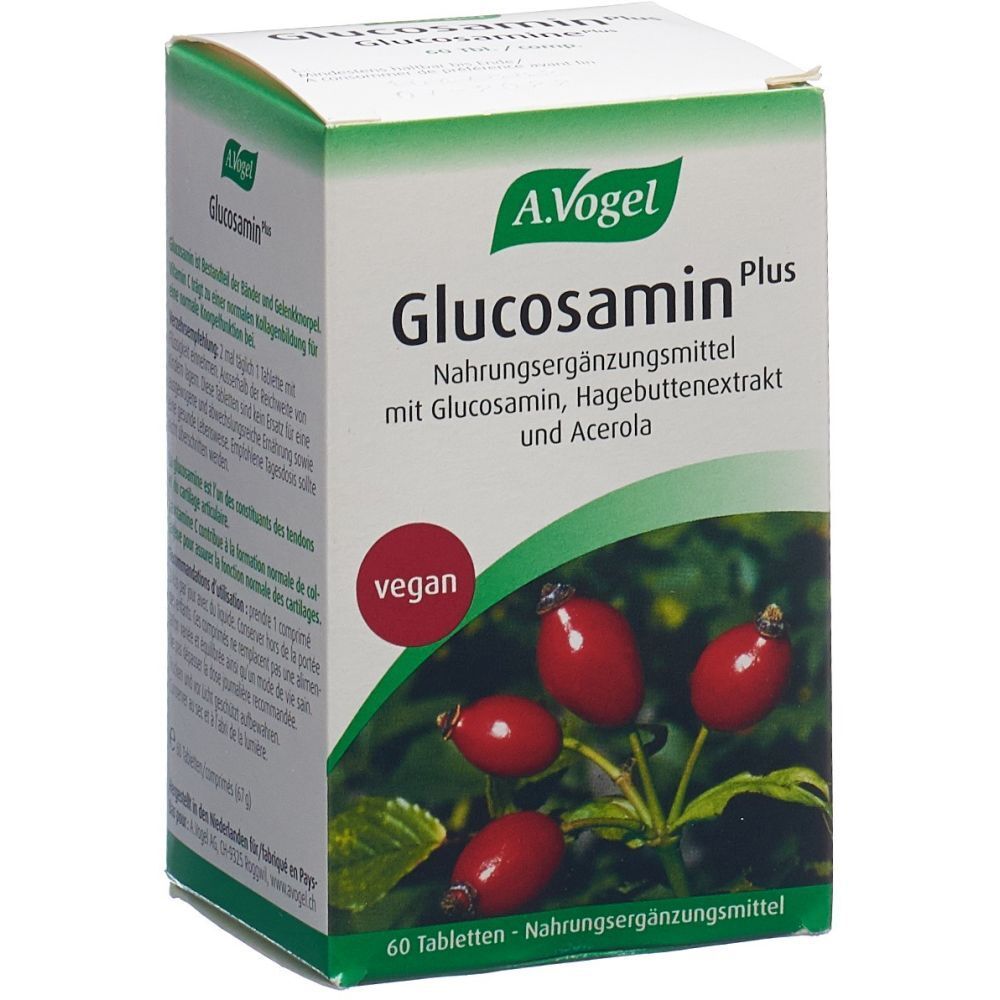 A. Vogel Glucosamin Plus. Karton mit 60 Tabletten. Vegan-Siegel. Abbildung von Hagebutten.
