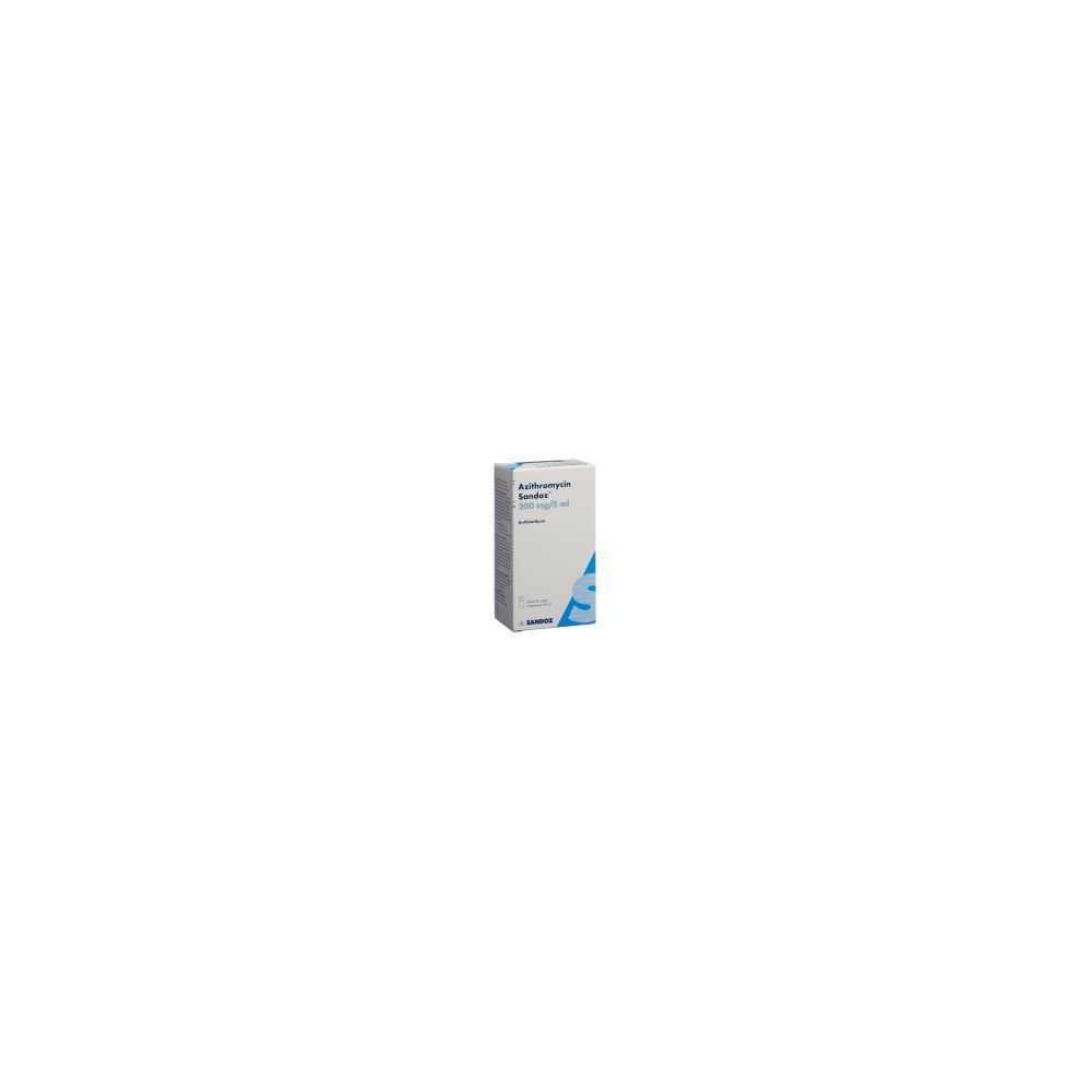Karton von AZITHROMYCIN Sandoz. Aufschrift: 200 mg/5 ml f Susp Fl. Blaues und weißes Design. Vertikale Ansicht.