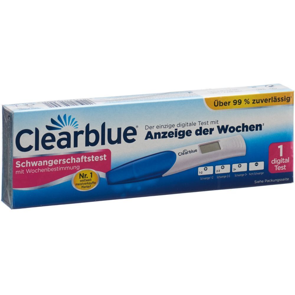 Verpackung von Clearblue Schwangerschaftstest. Enthält einen digitalen Test. Text: Anzeige der Wochen.