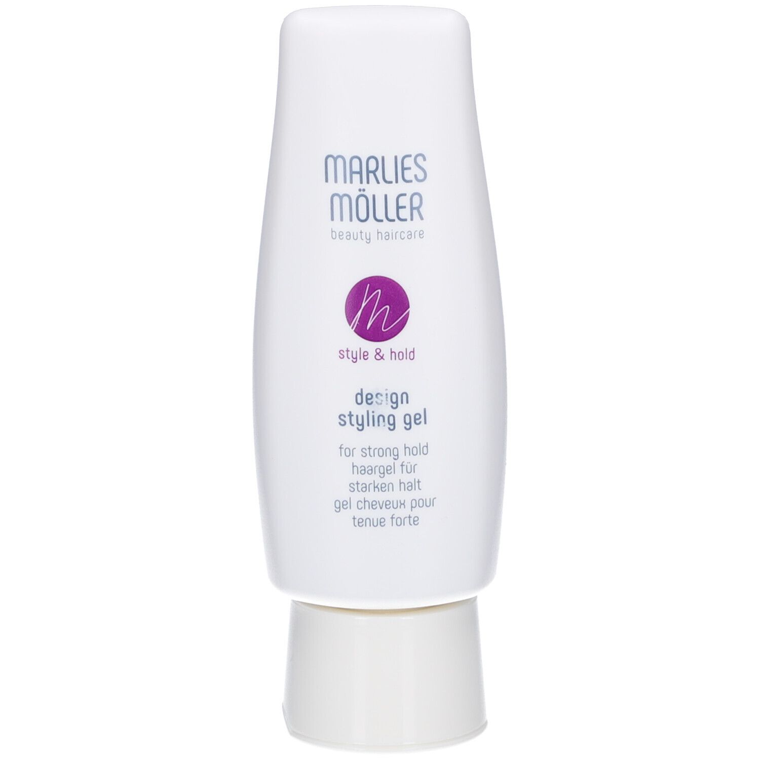 Weiße Tube mit Design Styling Gel. Marke Marlies Möller. Lila Logo und Schrift.