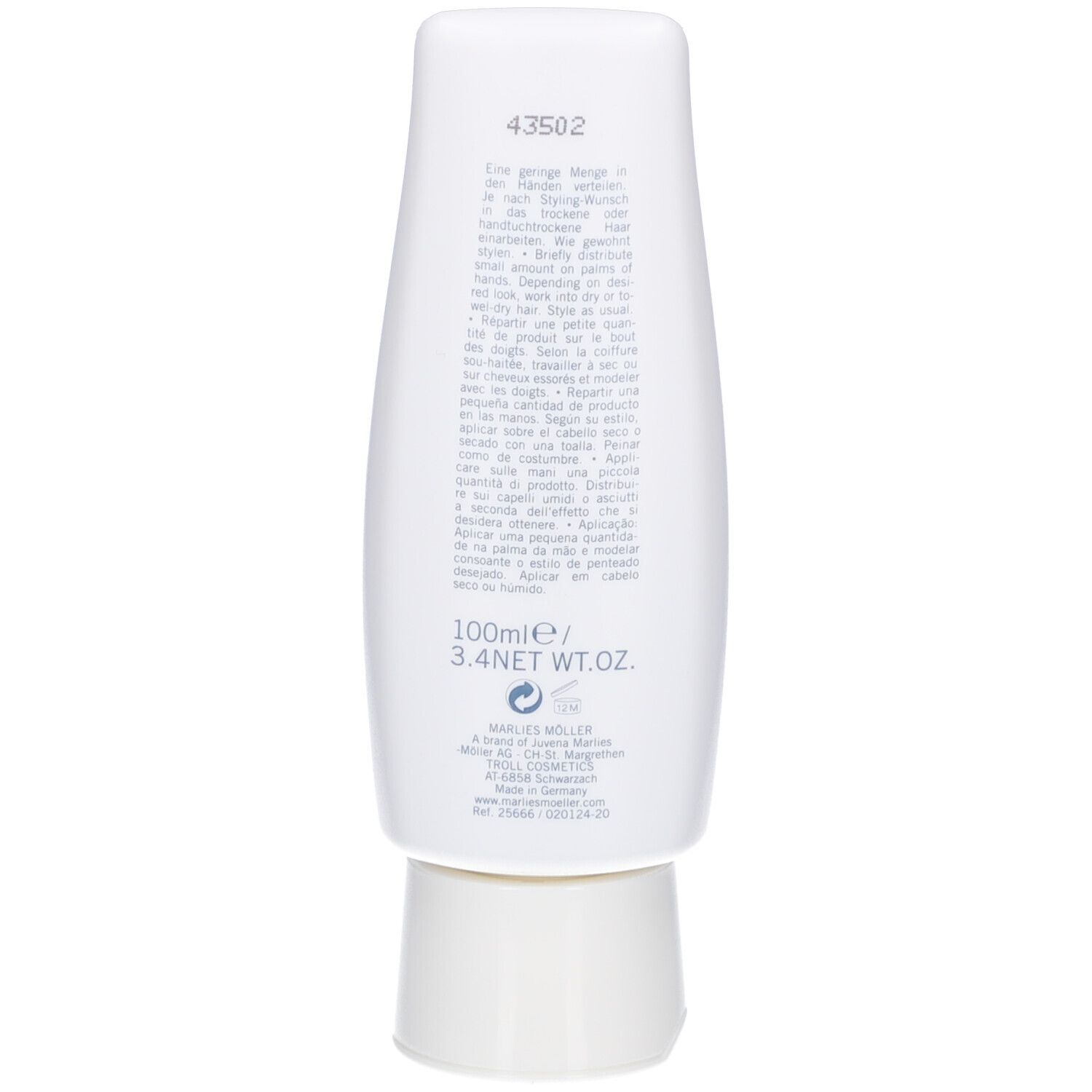 Rückseite einer weißen Tube Design Styling Gel. Marke Marlies Möller. Text und Logo.