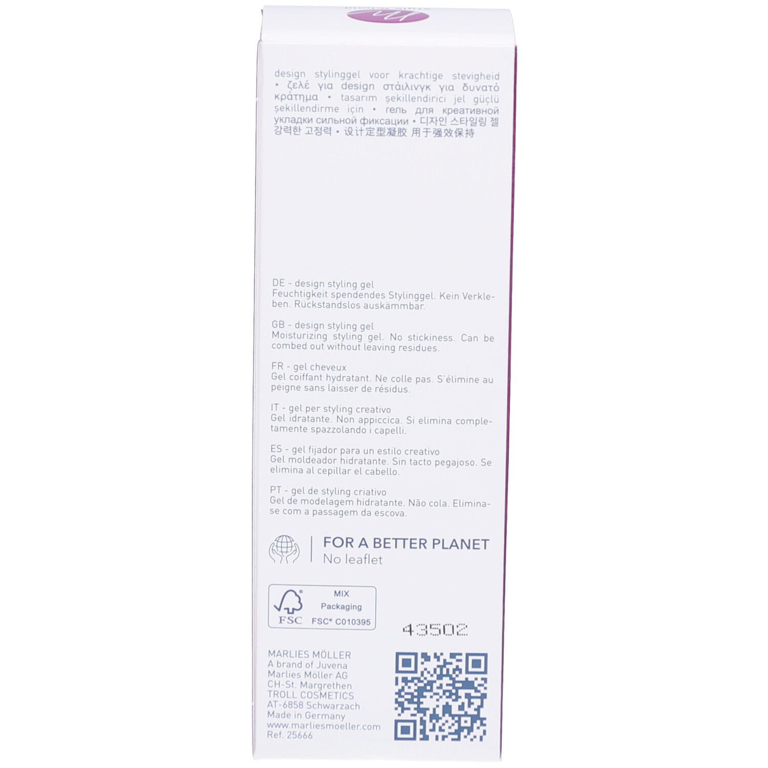 Rückseite der Verpackung von Design Styling Gel. Marke Marlies Möller. Text und Logo.