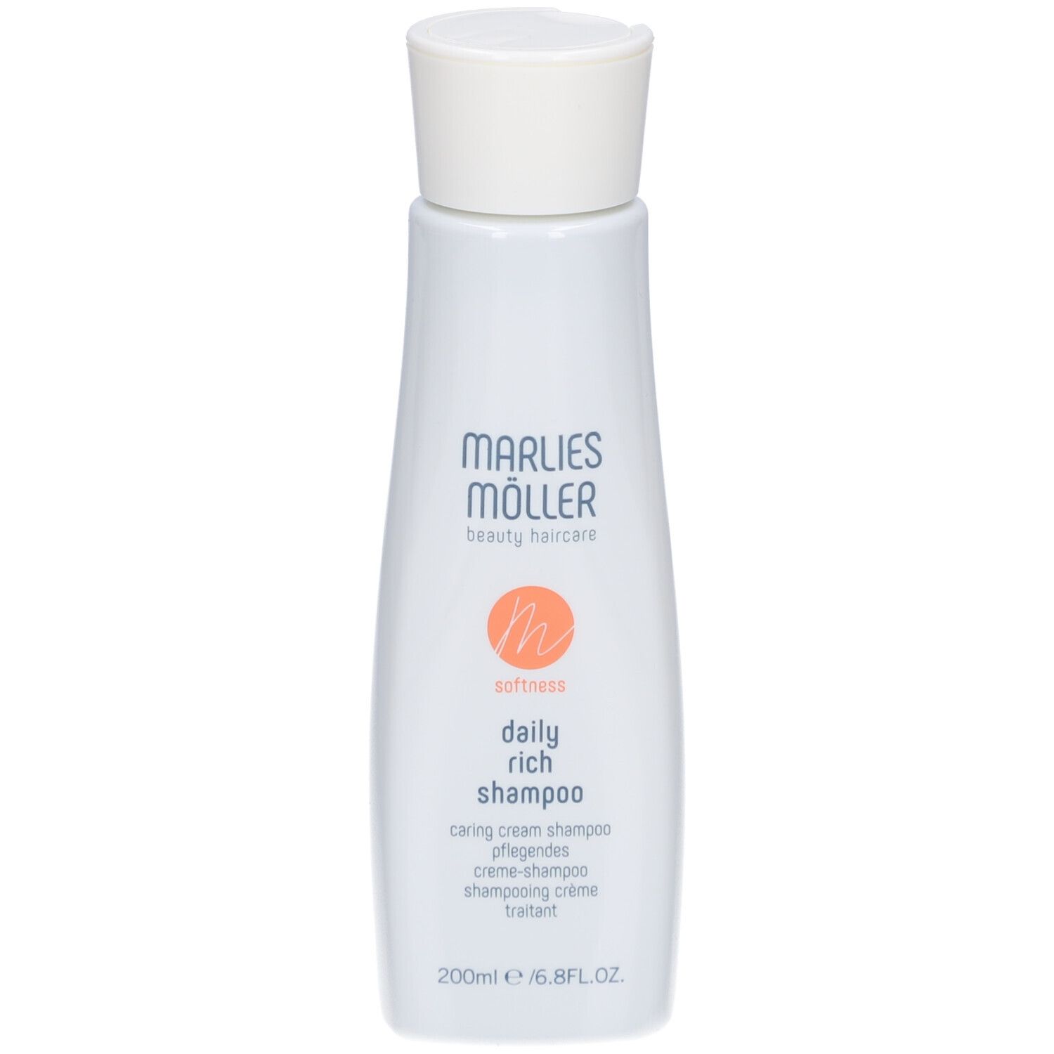 Weiße Flasche Marlies Möller Daily Rich Shampoo. Aufschrift: Marlies Möller, beauty haircare, daily rich shampoo. Orangefarbenes Logo.